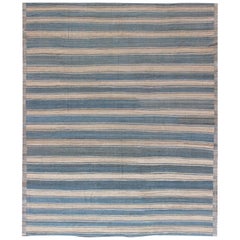 Large Modern Design Kilim Rug with Stripes in Shades of Blue, Taupe, and Ivory