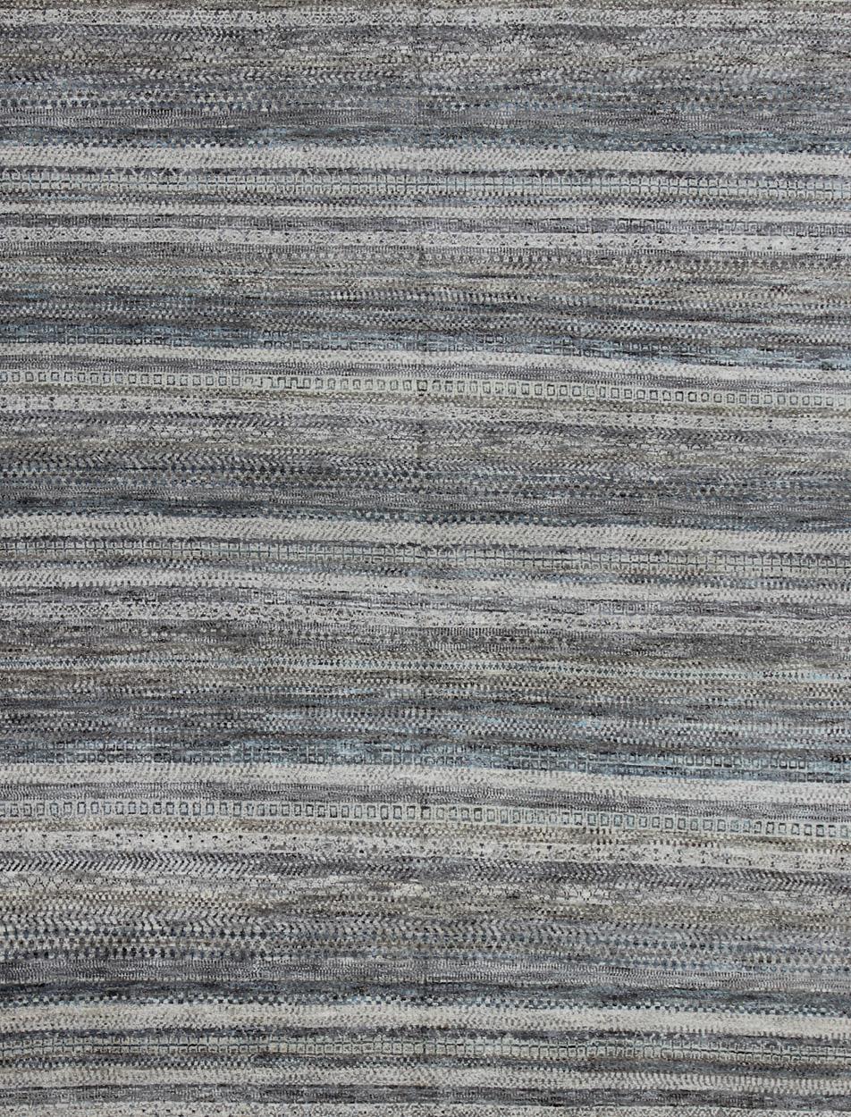 Indian Large Modern Design striped Rug in Shades of Blue, Gray, Creams, and Charcoal For Sale