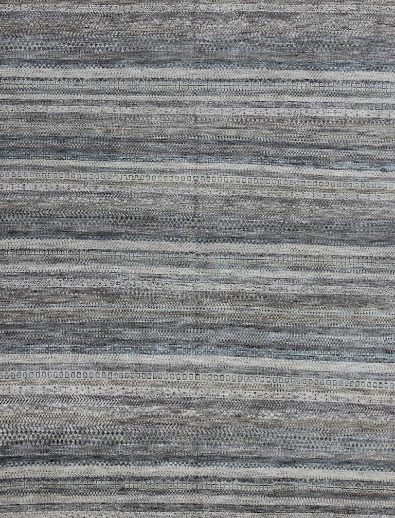 Large Modern Design striped Rug in Shades of Blue, Gray, Creams, and