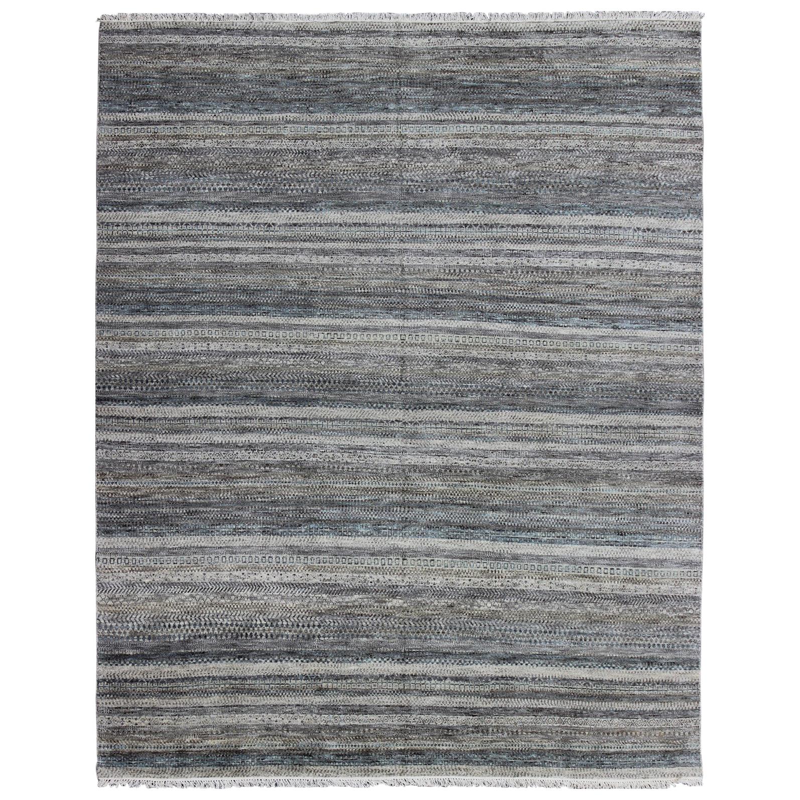 Large Modern Design striped Rug in Shades of Blue, Gray, Creams, and Charcoal For Sale