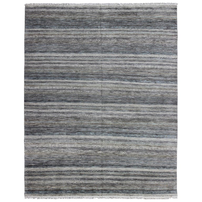 Large Modern Design striped Rug in Shades of Blue, Gray, Creams, and