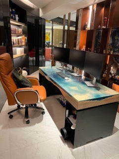 Large Modern Desk in Glass, Birch and Steel, Rectangular