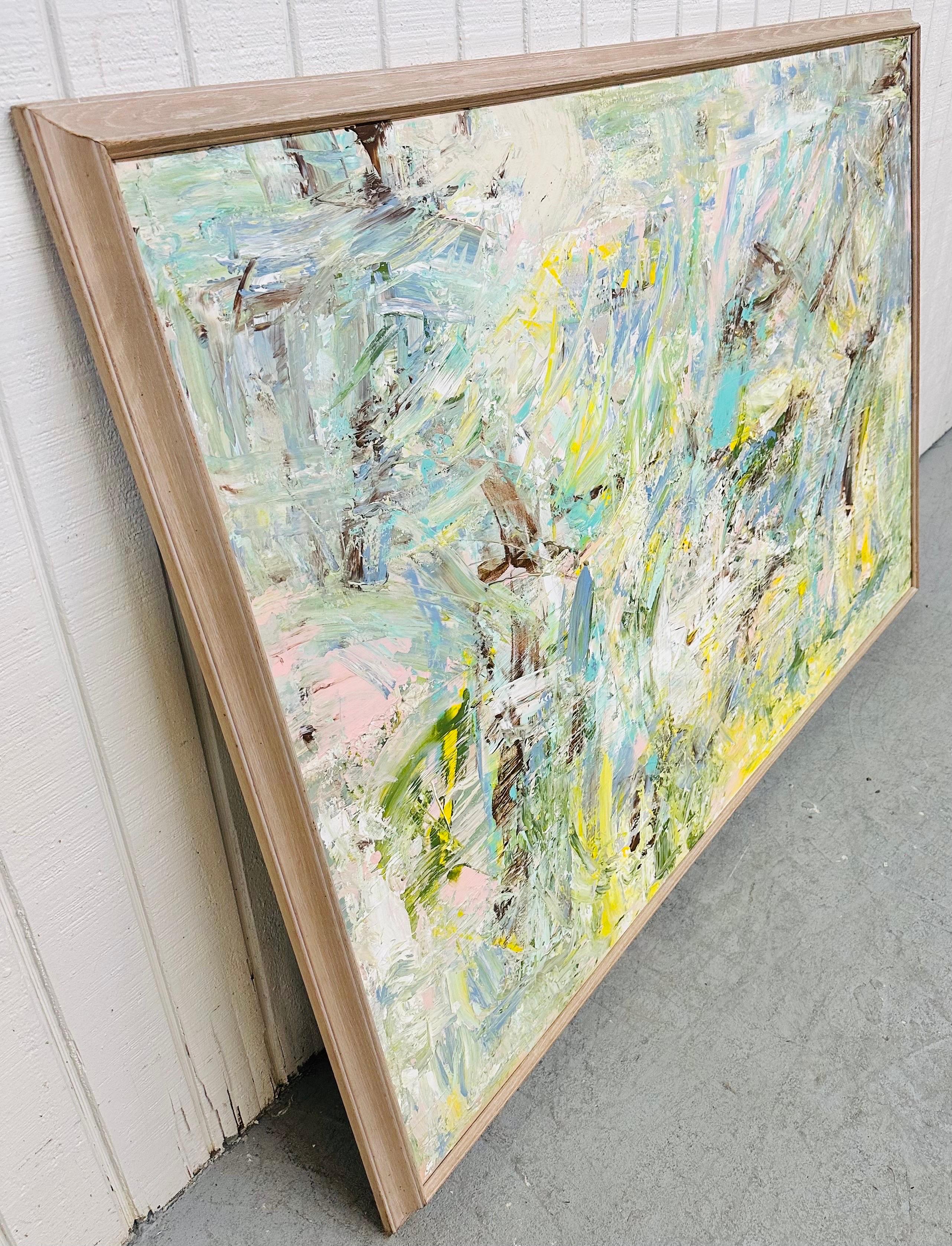 This listing is for a Large Modern Expressionist Abstract Painting. Featuring a large beach wood frame, original expressionist style abstract art with a mixture of light colors, and a wire on the back for hanging. This is an exceptional piece by
