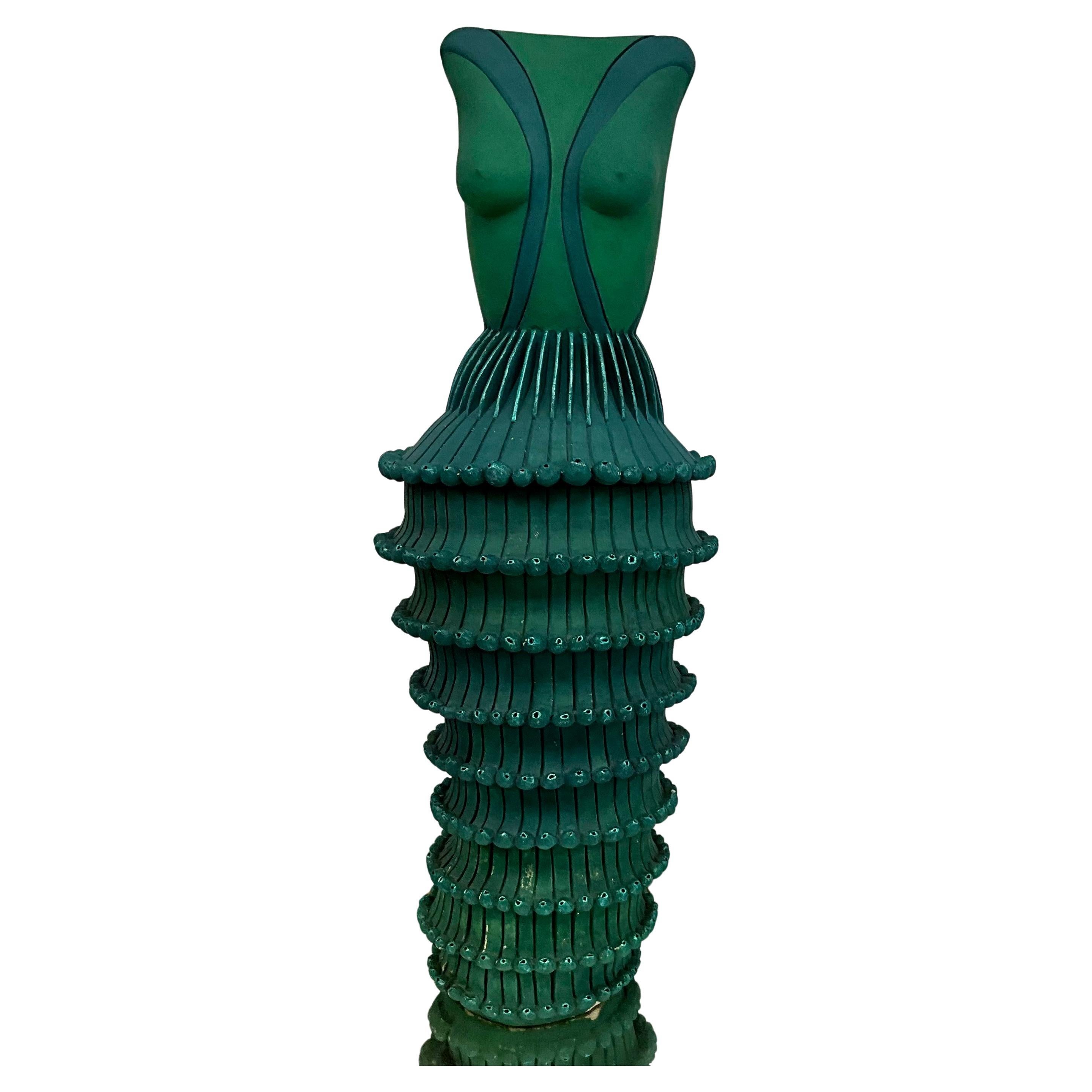 Large Modern Figural Ceramic Sculpture with Ribbed Columnar Form, Signed (Illegi For Sale