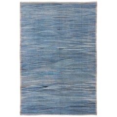 Large Modern Flat-Weave Kilim Rug with Wavy Design in Blue Tones