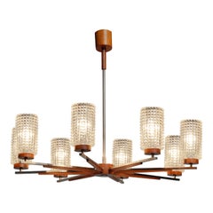 Large Modern German Chrome And Rosewood Chandelier with Art Glass Vases 1970