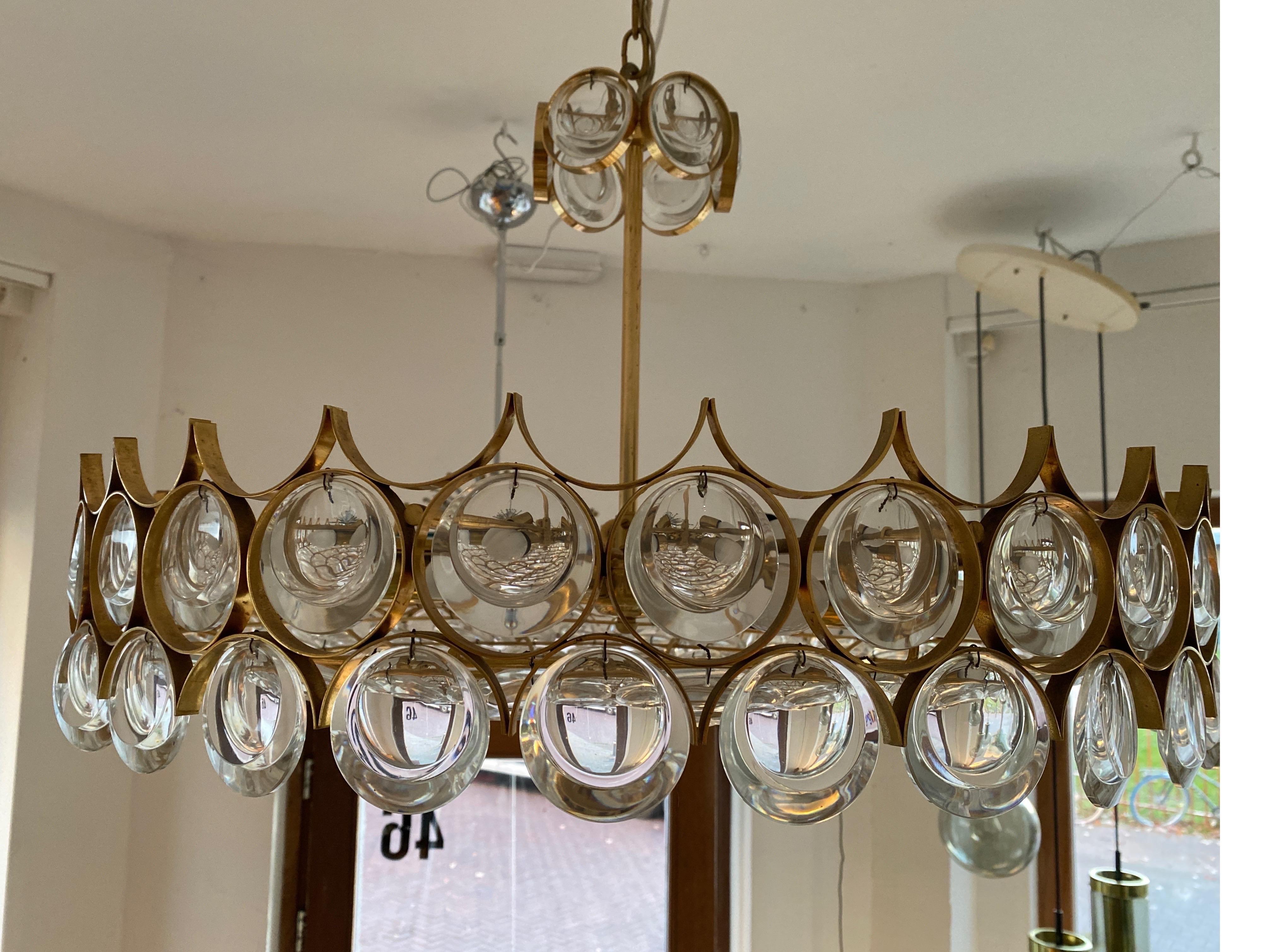 Late 20th Century Large Modern Gilt Brass and Crystal Chandelier by Palwa, Germany 1970s