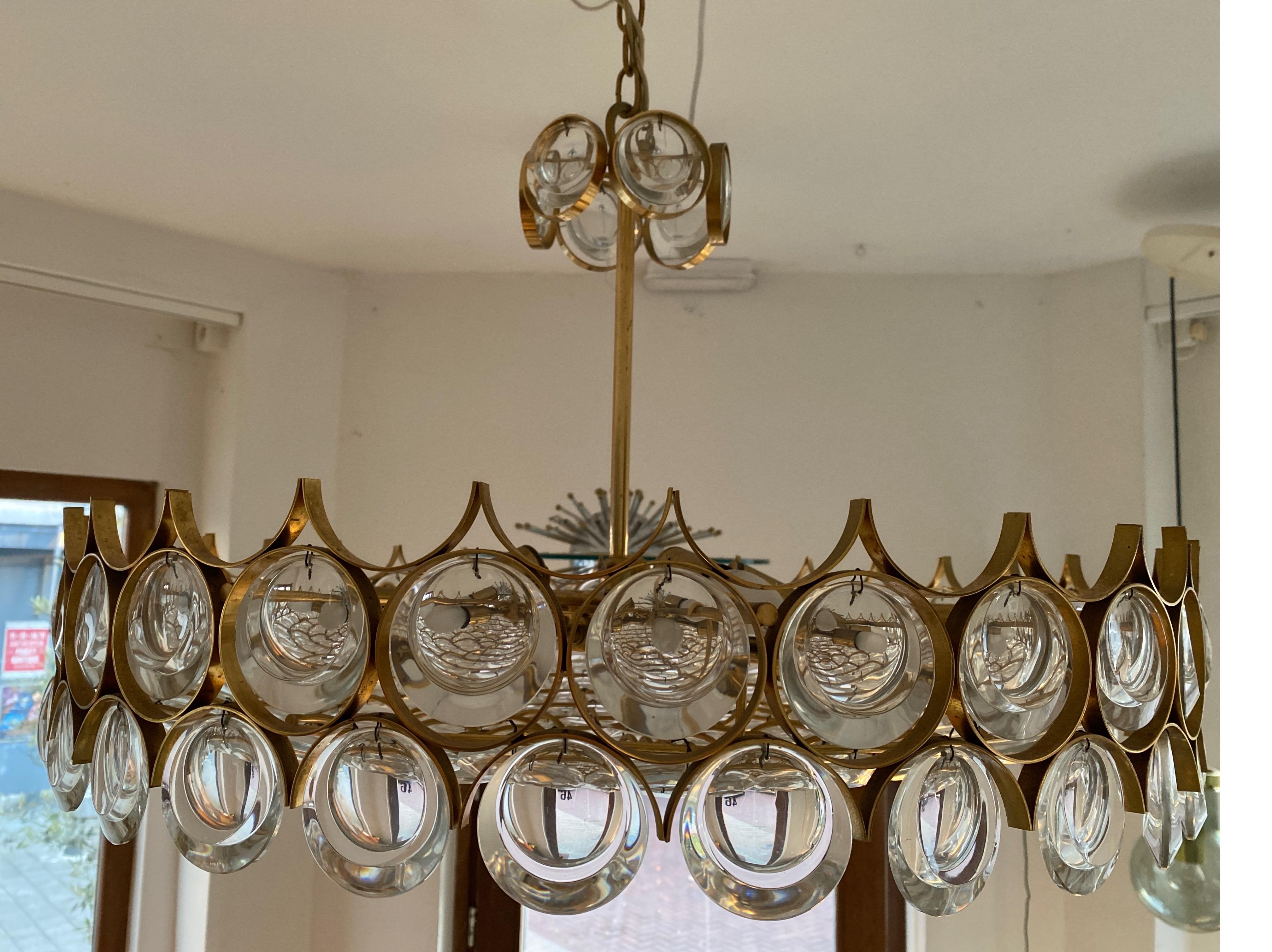 Large Modern Gilt Brass and Crystal Chandelier by Palwa, Germany 1970s 1