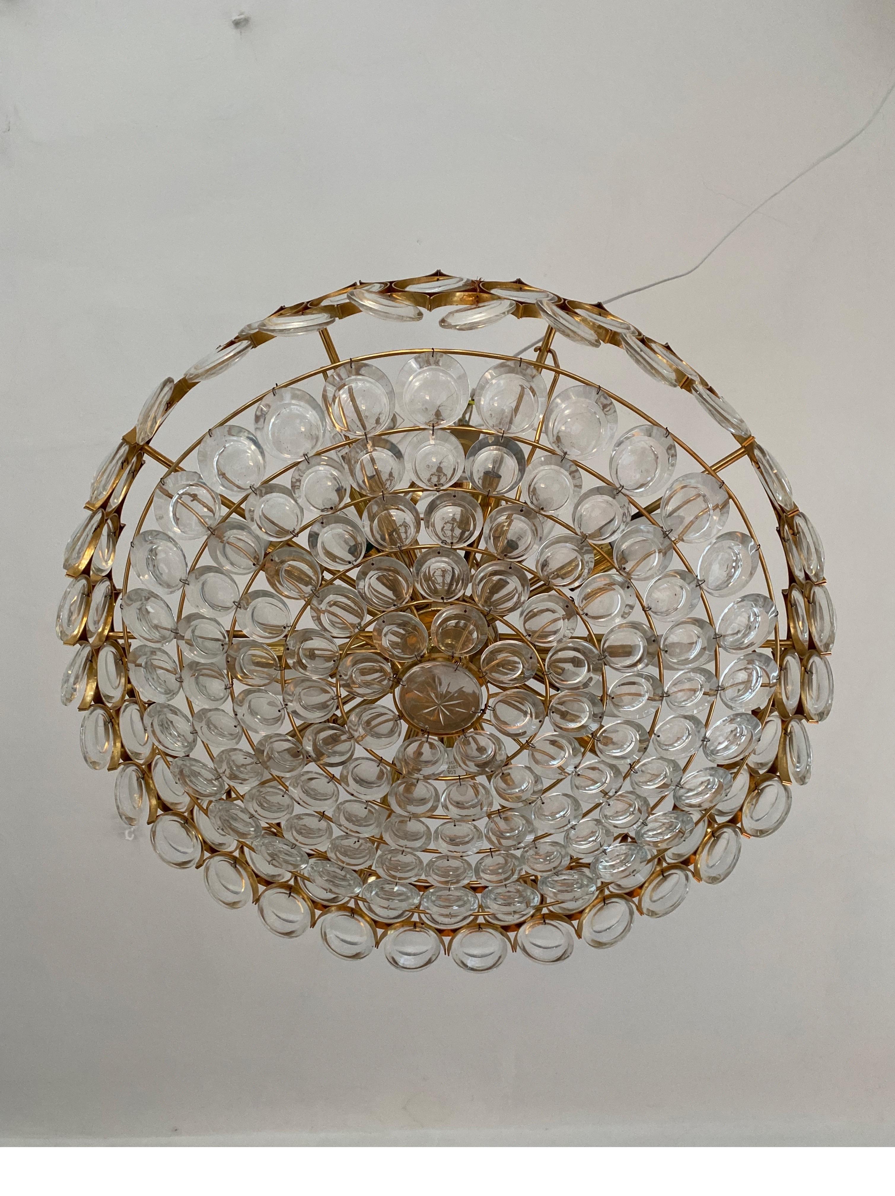 Large Modern Gilt Brass and Crystal Chandelier by Palwa, Germany 1970s 3