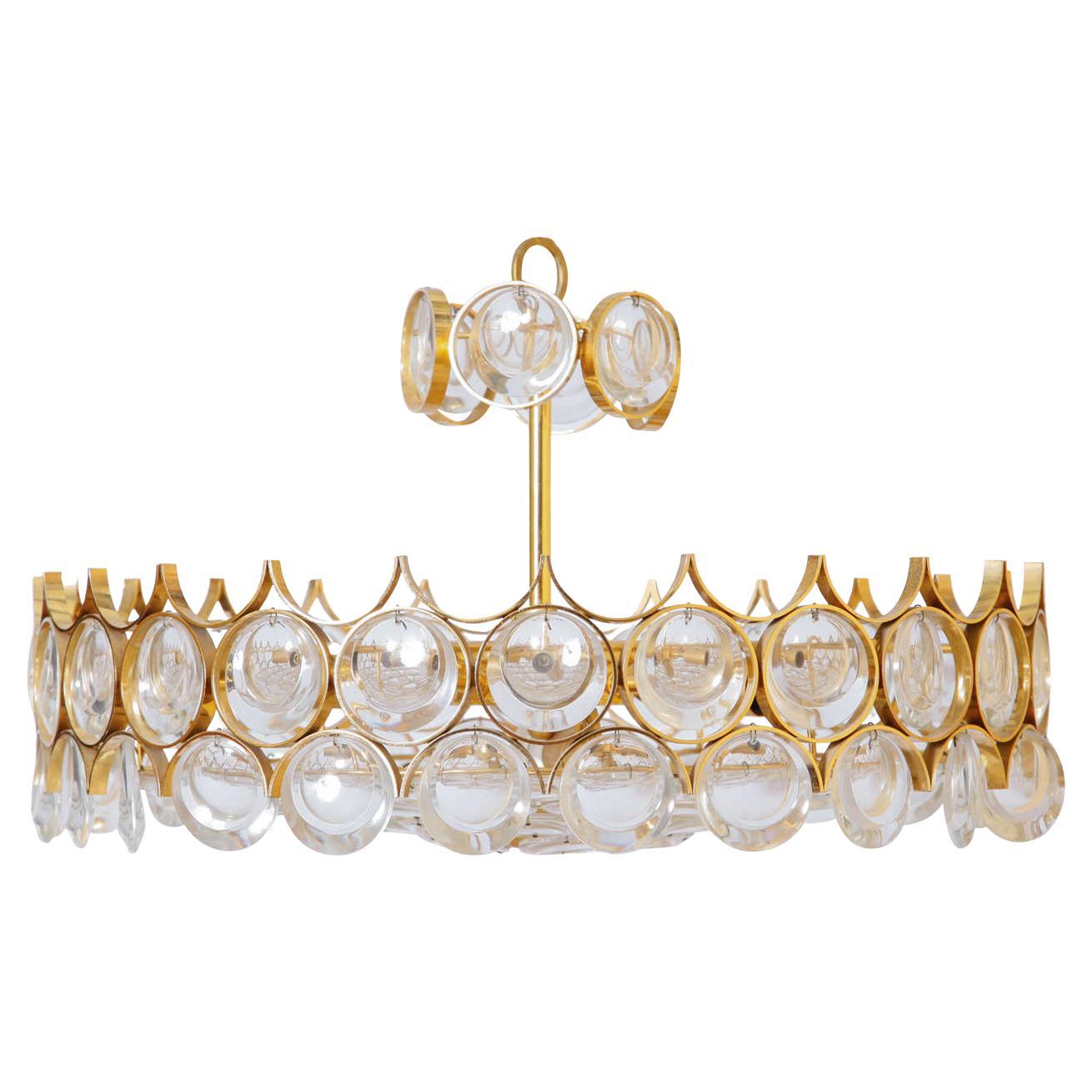 Large Modern Gilt Brass and Crystal Chandelier by Palwa, Germany 1970s