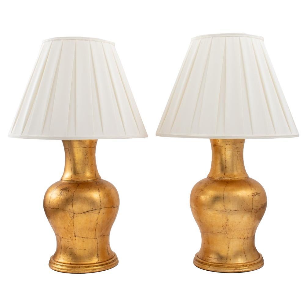 Large Modern Gold-Tone Table Lamps, Pair