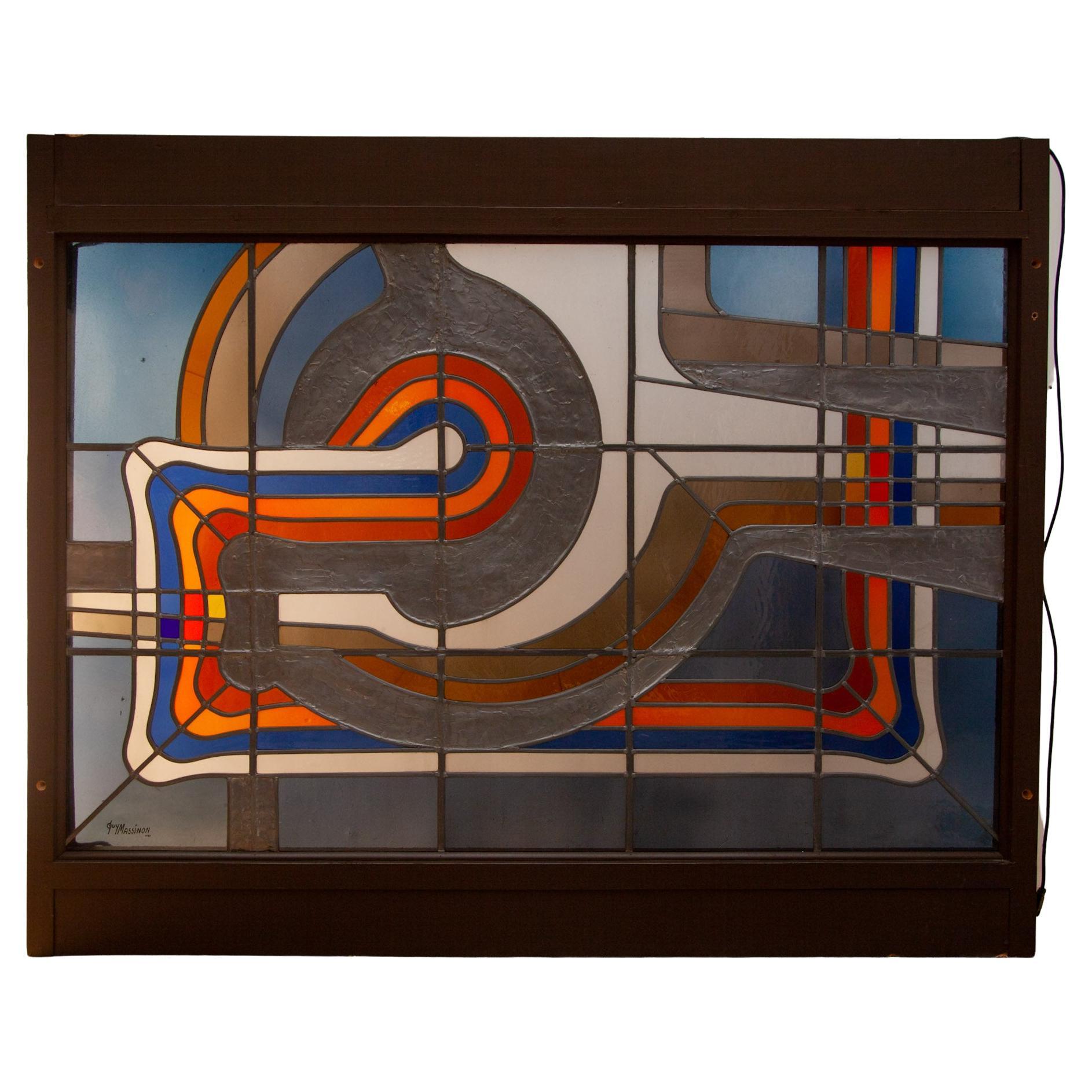 Mid-Century Modern Large Modern Guy Massinon Colored Glass Window, Stained Glass, Belgium, 1980 For Sale