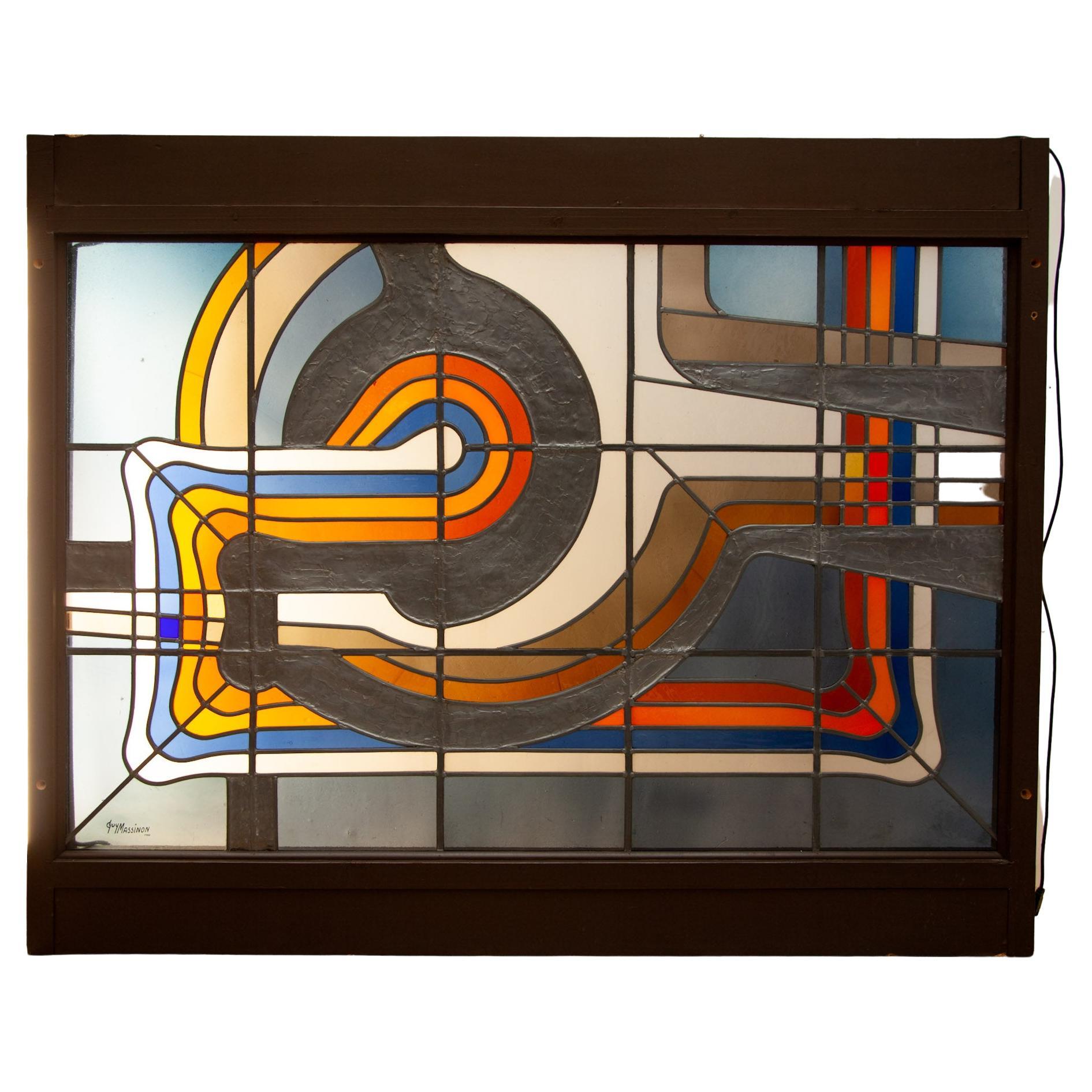 Belgian Large Modern Guy Massinon Colored Glass Window, Stained Glass, Belgium, 1980 For Sale