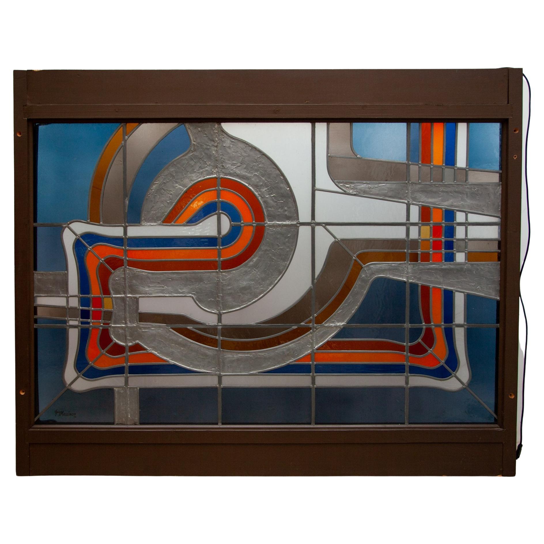 Fait main Grand fenêtre moderne en verre coloré Guy Massinon, vitrail, Belgique, 1980 en vente