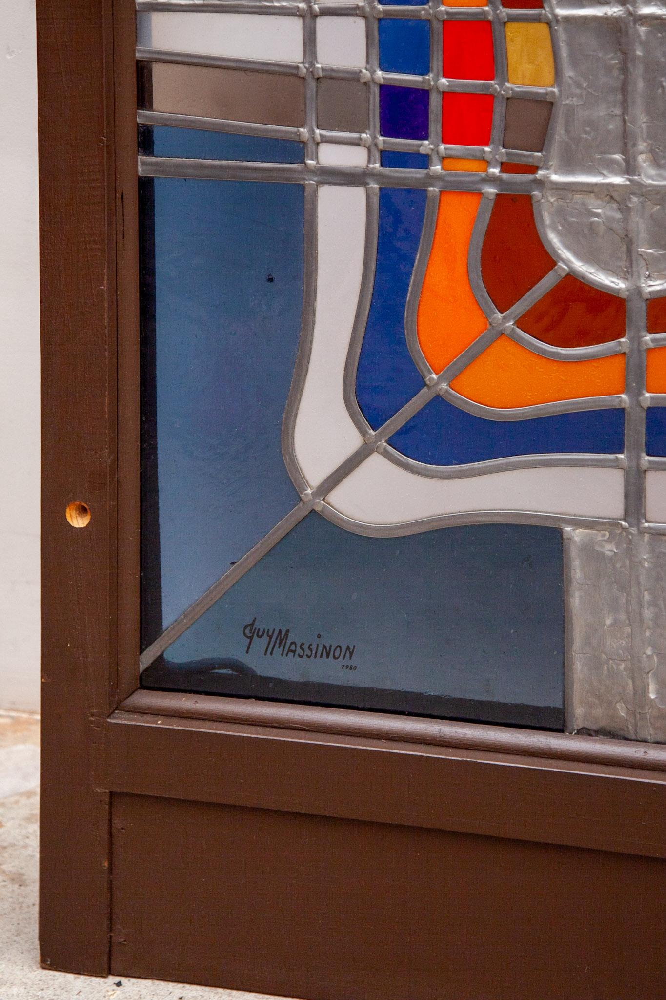 Fin du 20e siècle Grand fenêtre moderne en verre coloré Guy Massinon, vitrail, Belgique, 1980 en vente