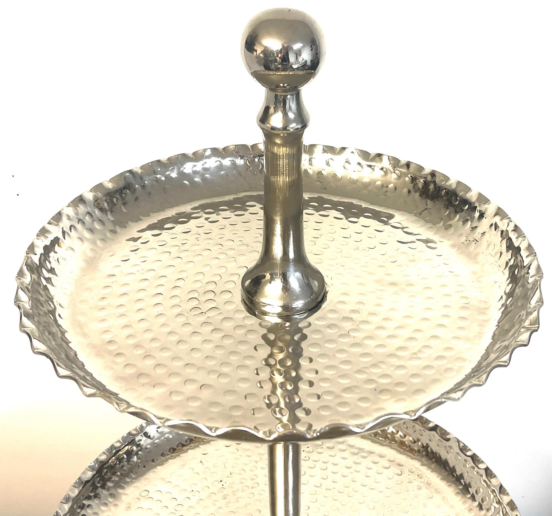 Silvered Large Modern Hammered Silverplated 3-Tier Stand, Attributed to Sarreid