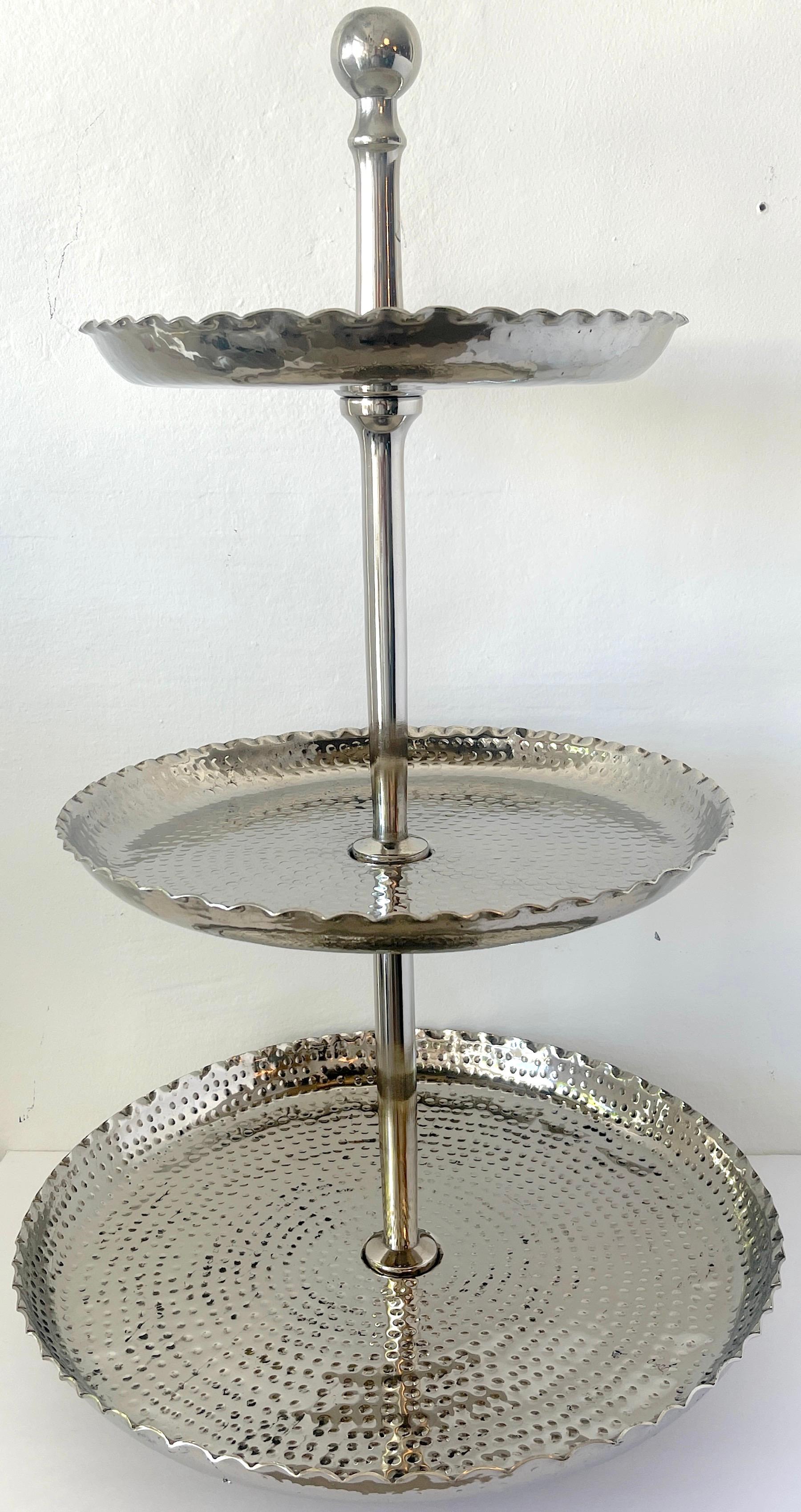 Brass Large Modern Hammered Silverplated 3-Tier Stand, Attributed to Sarreid