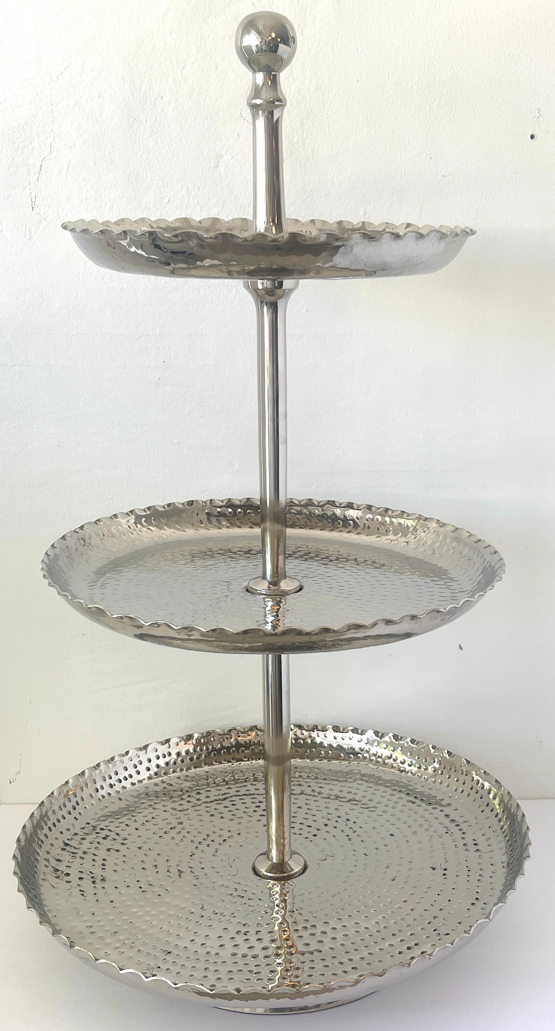 Large Modern Hammered Silverplated 3-Tier Stand, Attributed to Sarreid 1