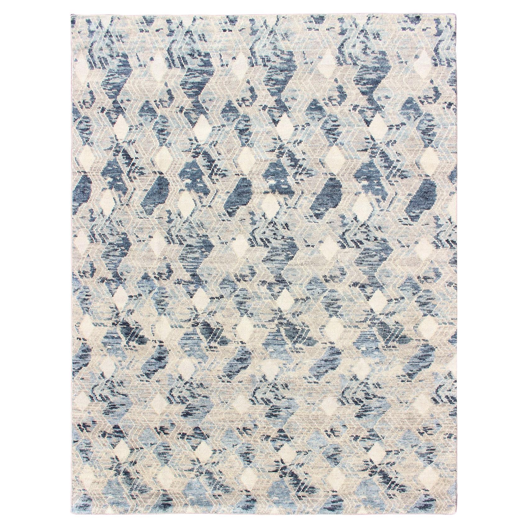 Large Modern Hand Knotted Rug by Keivan Woven Arts in Blue, Taupe & Off White 