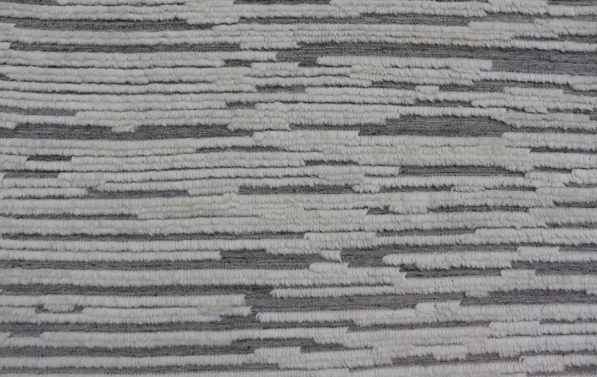 Contemporary Large Modern Hi-Low Rug with Abstract Stripe design in Gray, Taupe & Off White For Sale