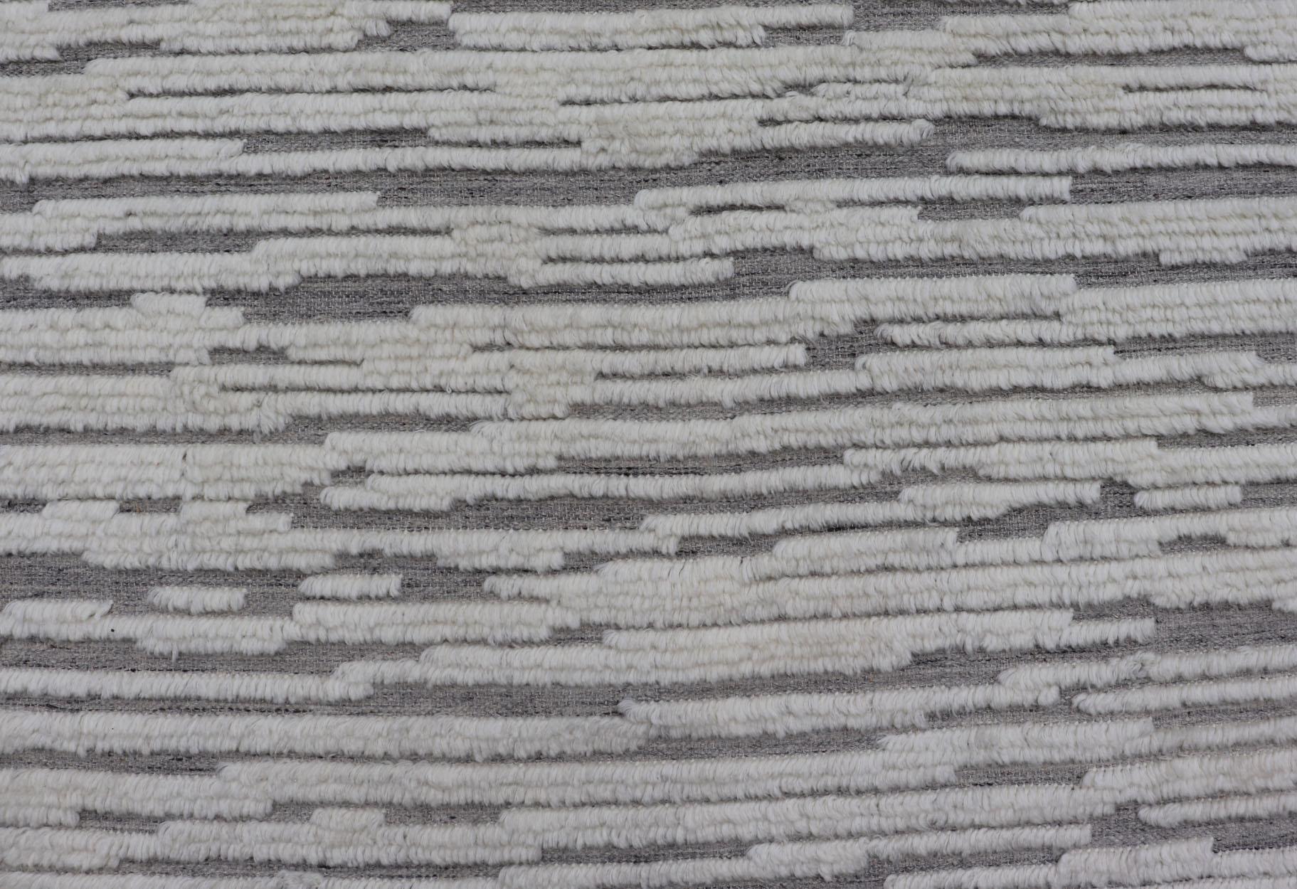 Wool Large Modern Hi-Low Rug with Abstract Stripe design in Gray, Taupe & Off White For Sale