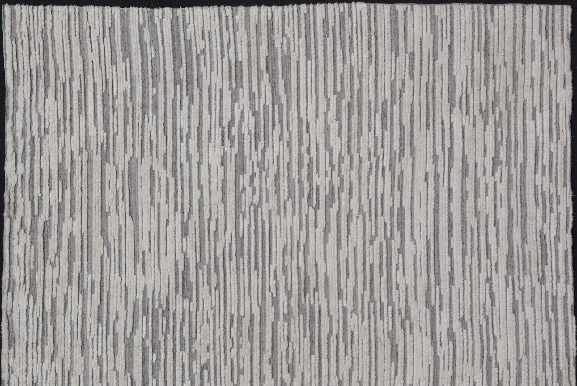 Large Modern Hi-Low Rug with Abstract Stripe design in Gray, Taupe & Off White For Sale 1