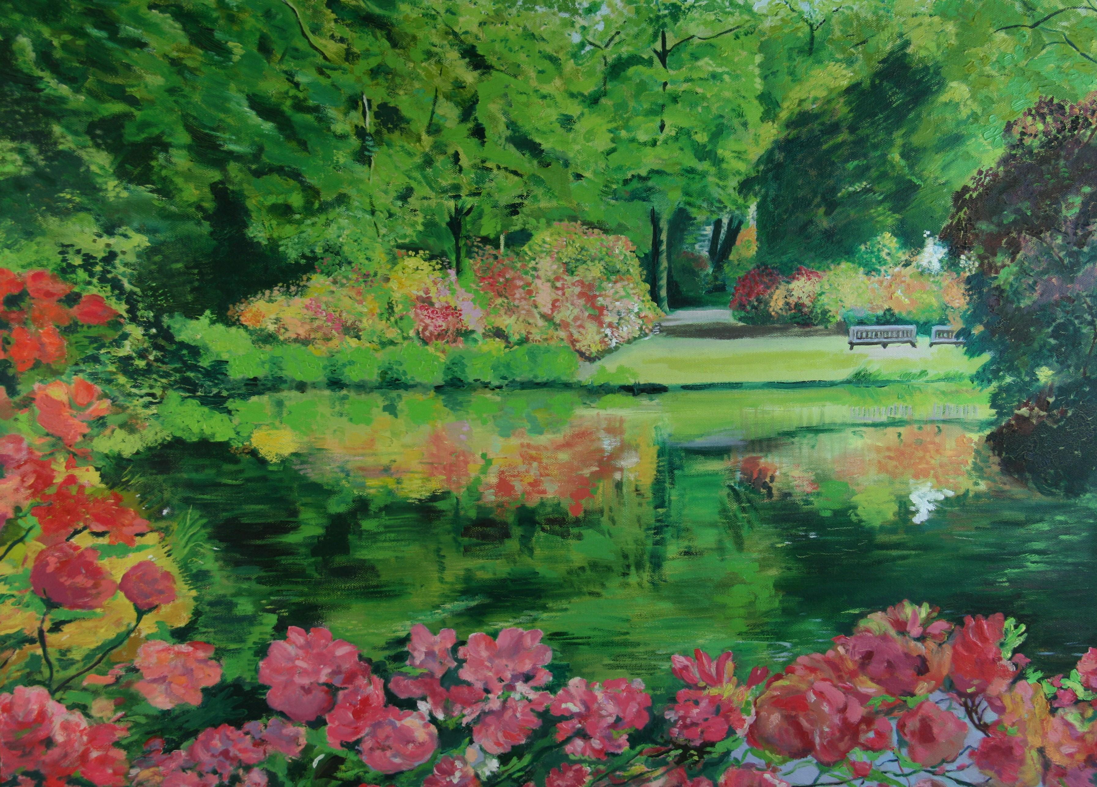 Grand paysage de jardin à fleurs impressionniste moderne, D.Merzer, 1984 en vente 5