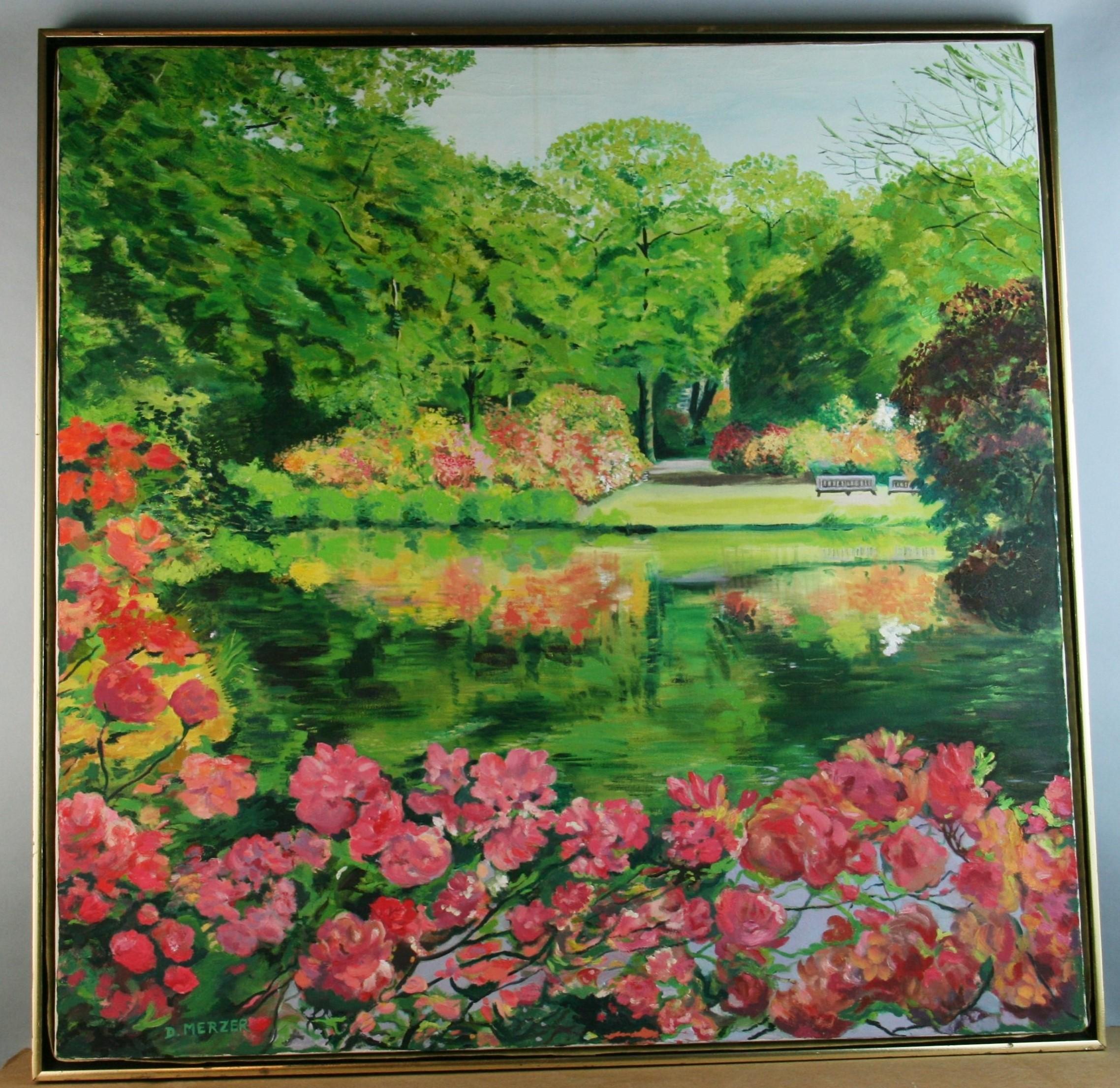 4049 Grand jardin de fleurs impressionniste moderne.
Signé D.Merzer, daté d'août 1984 au verso
Dans un cadre en bois moderne.