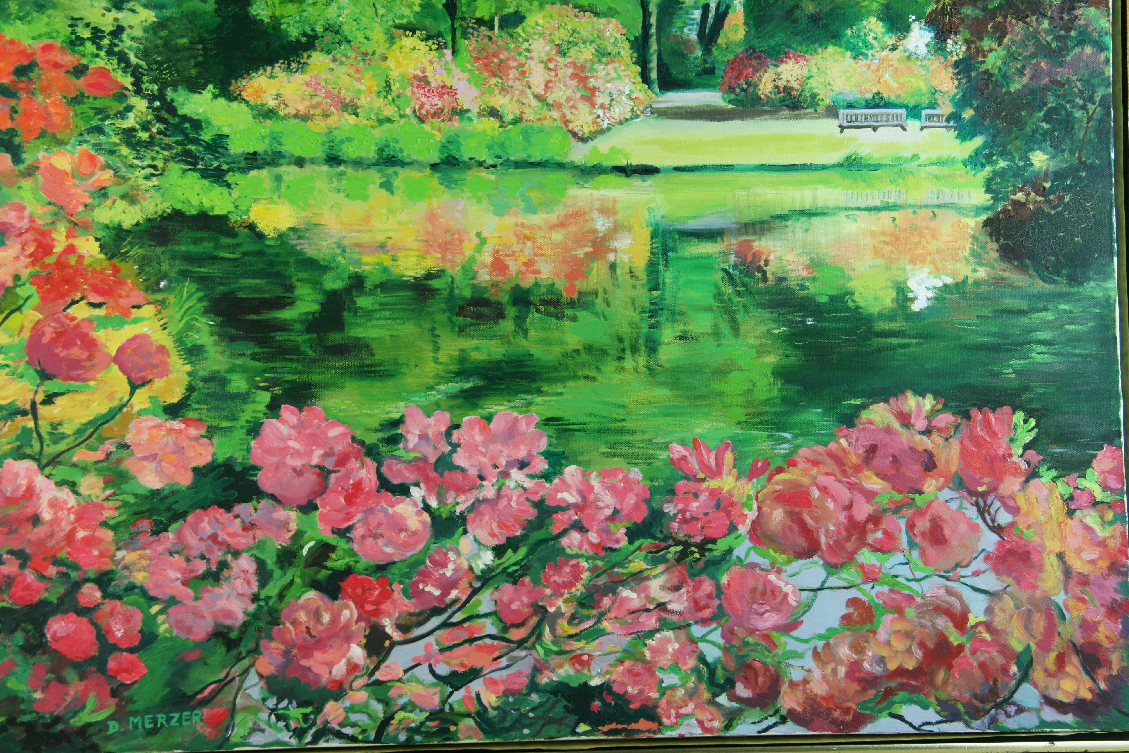 Fin du 20e siècle Grand paysage de jardin à fleurs impressionniste moderne, D.Merzer, 1984 en vente