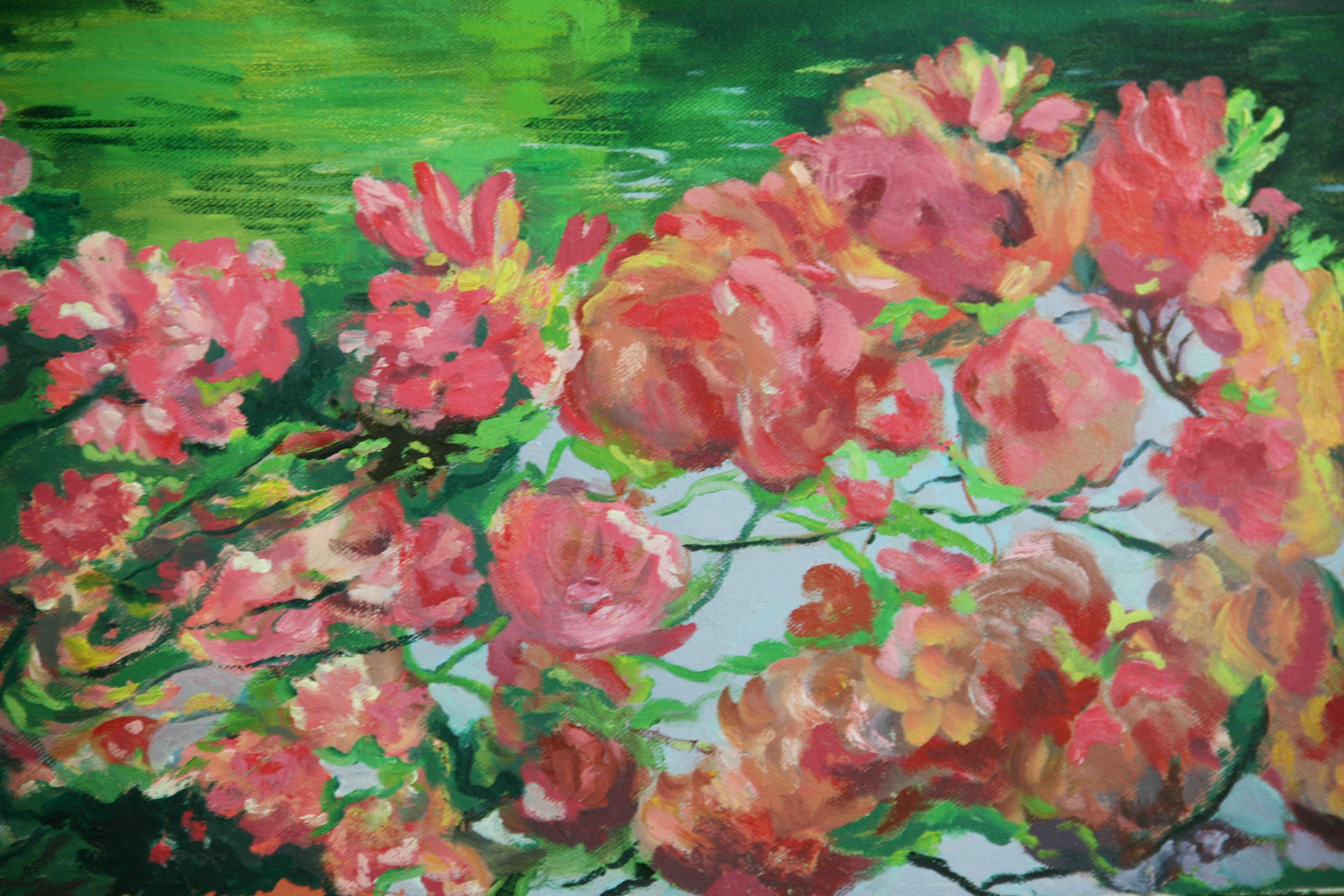 Grand paysage de jardin à fleurs impressionniste moderne, D.Merzer, 1984 en vente 1