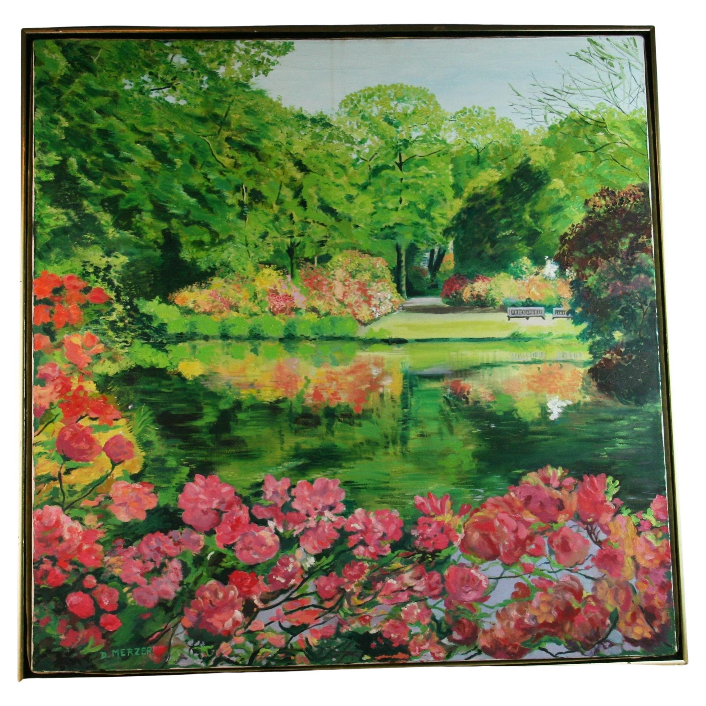 Grand paysage de jardin à fleurs impressionniste moderne, D.Merzer, 1984