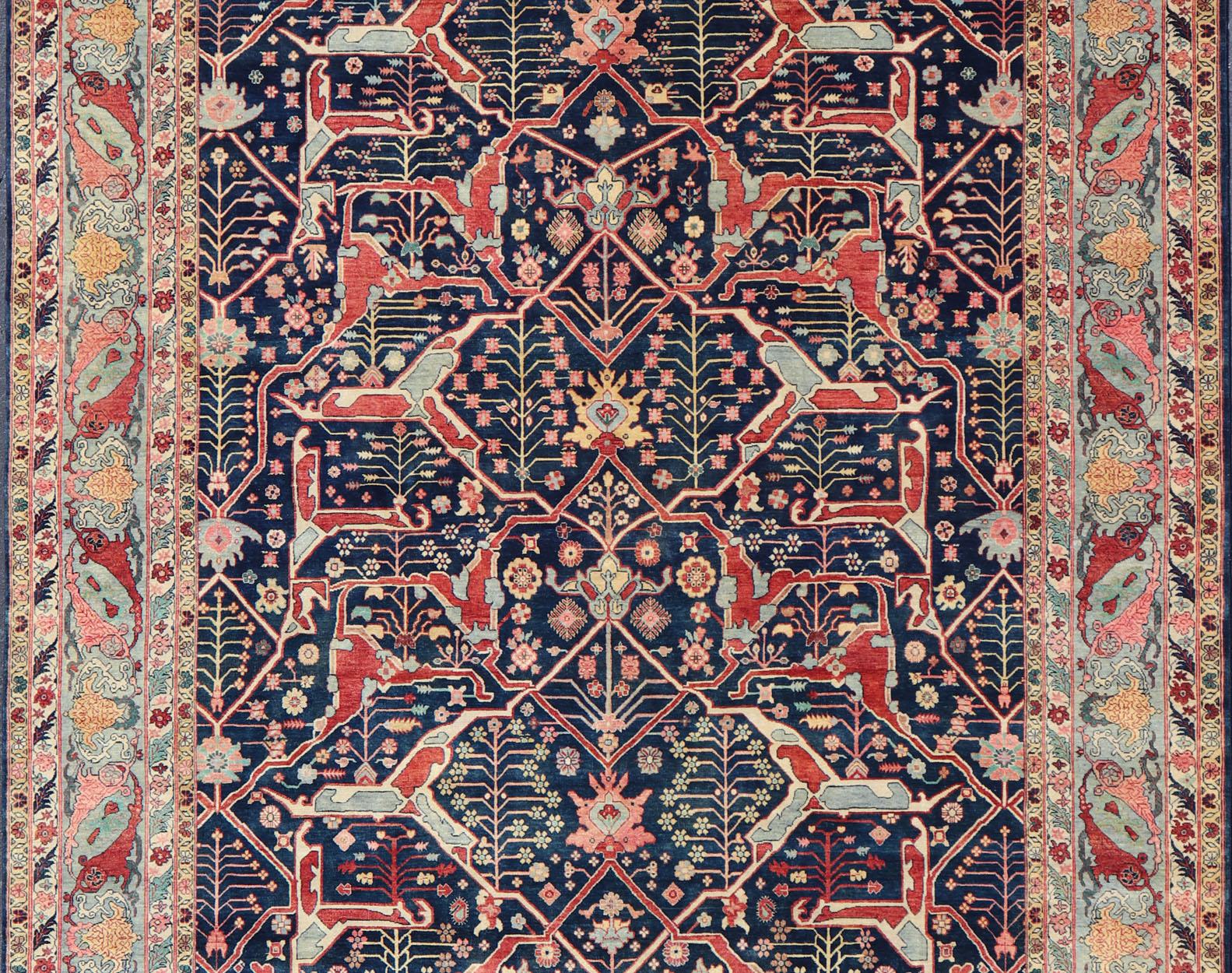 Großer moderner indischer Bidjar-Teppich aus Wolle in Blau-, Rot- und Rosatönen 10'0 x 14'1 im Angebot 3