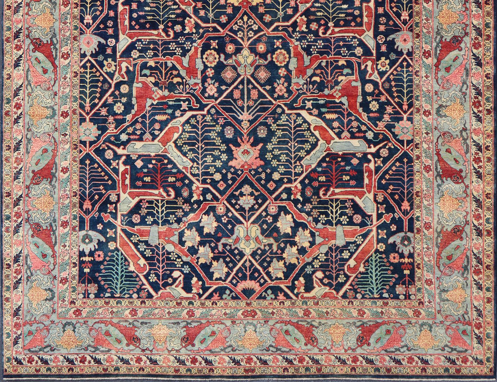 Großer moderner indischer Bidjar-Teppich aus Wolle in Blau-, Rot- und Rosatönen 10'0 x 14'1 im Angebot 4