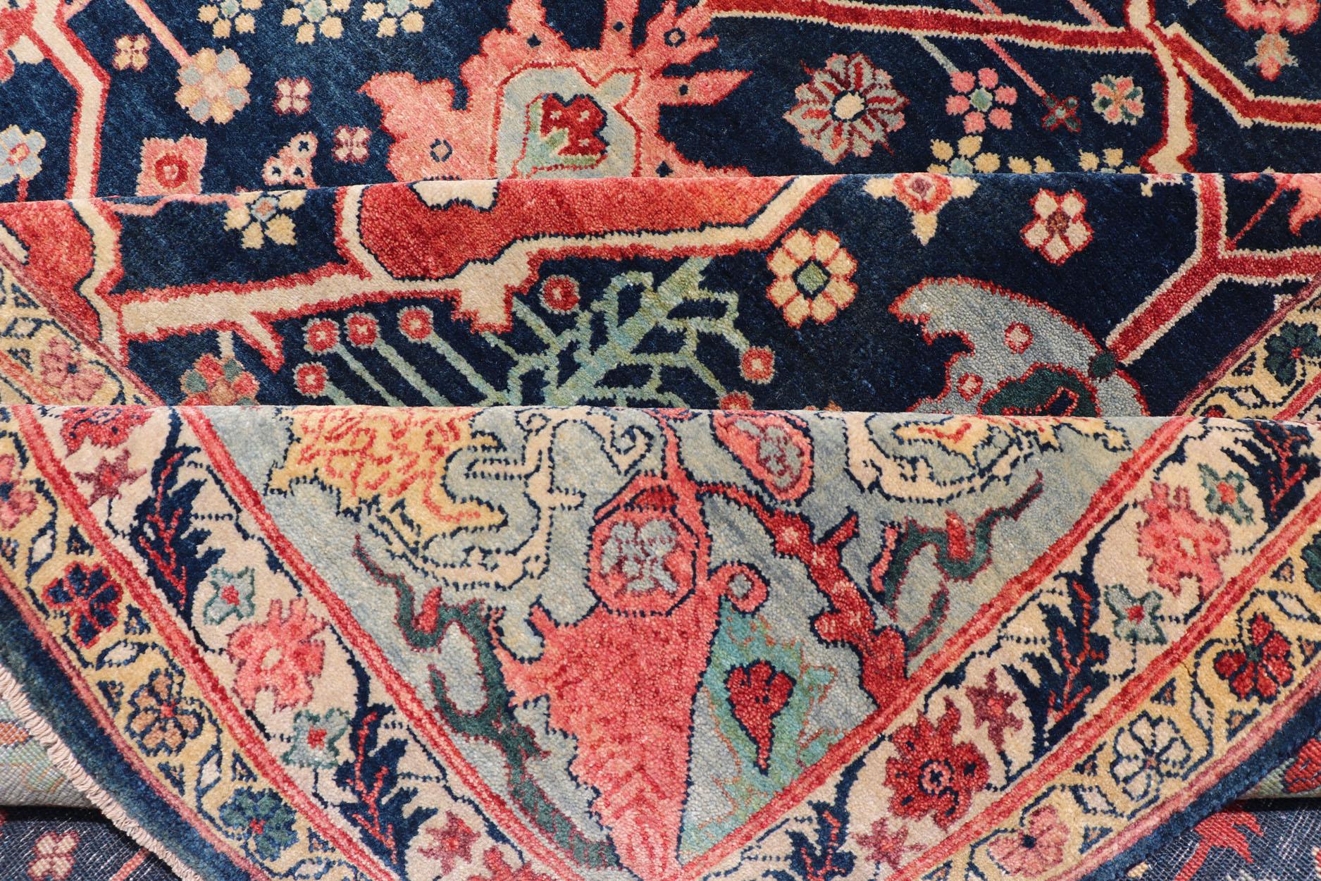 Großer moderner indischer Bidjar-Teppich aus Wolle in Blau-, Rot- und Rosatönen 10'0 x 14'1 im Angebot 6