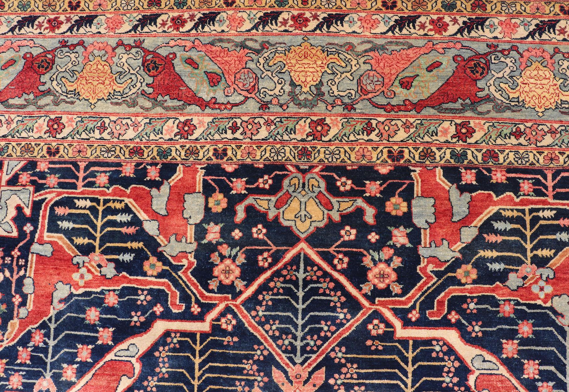 Großer moderner indischer Bidjar-Teppich aus Wolle in Blau-, Rot- und Rosatönen 10'0 x 14'1 (Tabriz) im Angebot