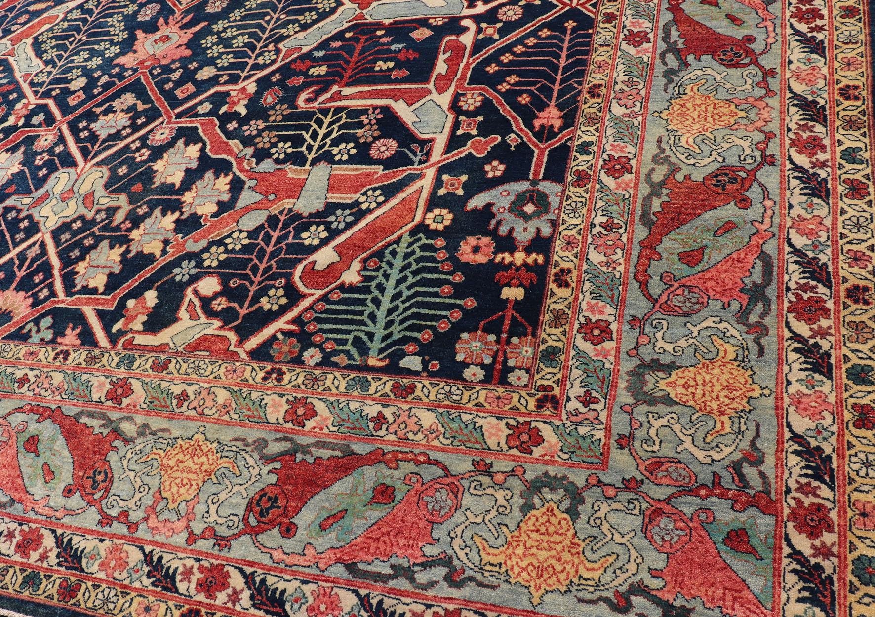 Großer moderner indischer Bidjar-Teppich aus Wolle in Blau-, Rot- und Rosatönen 10'0 x 14'1 (Handgeknüpft) im Angebot