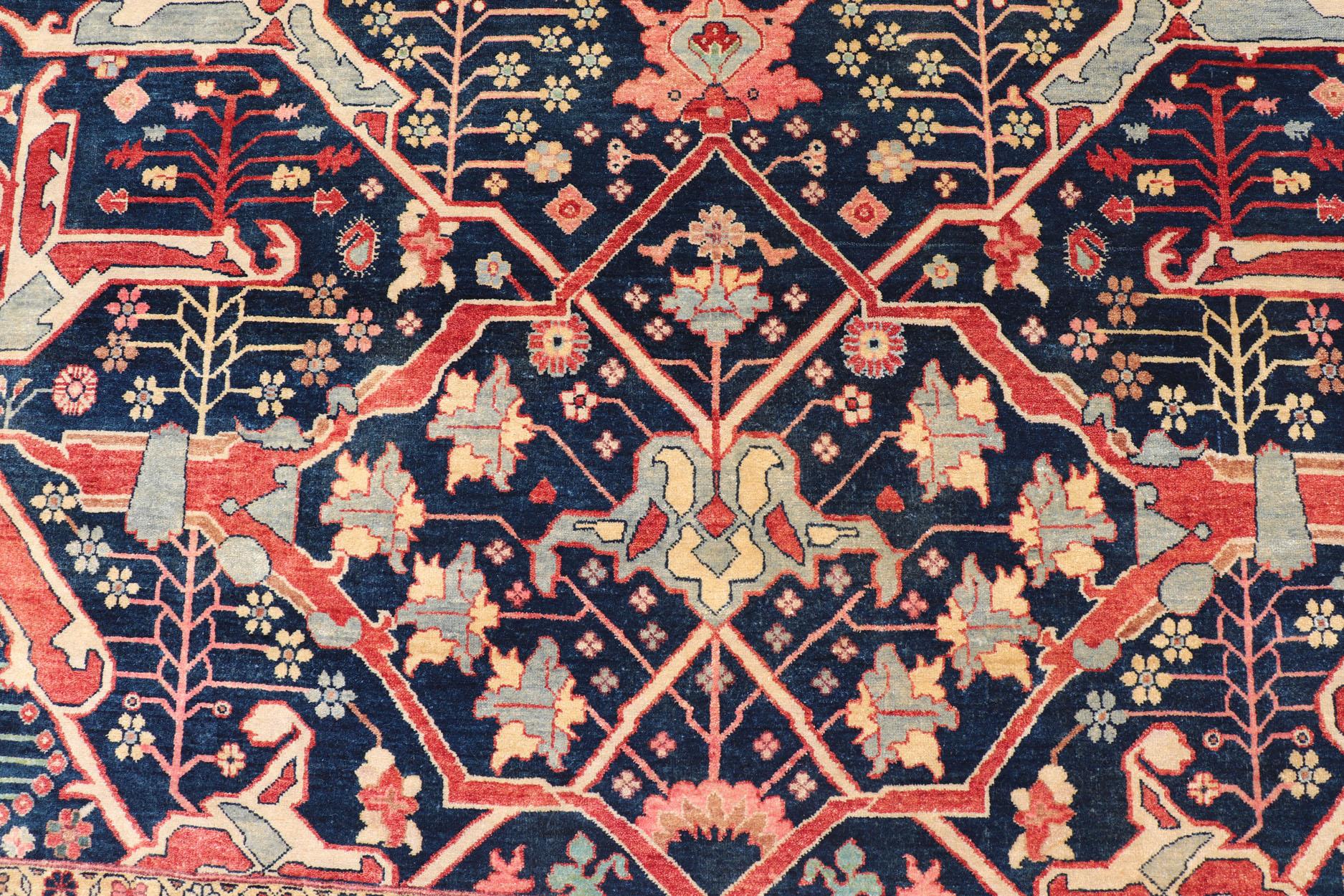Großer moderner indischer Bidjar-Teppich aus Wolle in Blau-, Rot- und Rosatönen 10'0 x 14'1 (21. Jahrhundert und zeitgenössisch) im Angebot
