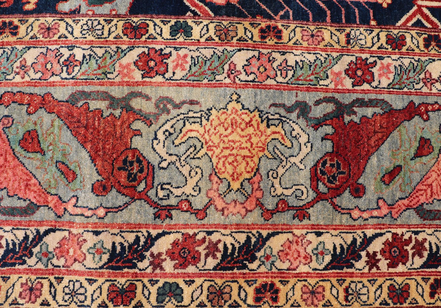 Großer moderner indischer Bidjar-Teppich aus Wolle in Blau-, Rot- und Rosatönen 10'0 x 14'1 im Angebot 1