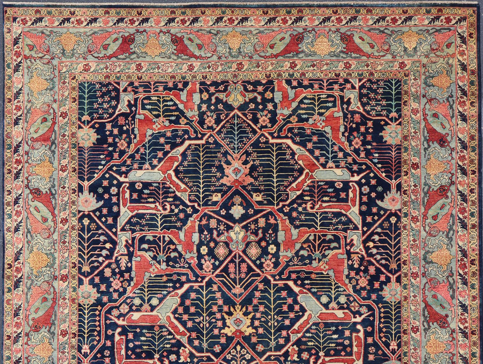 Großer moderner indischer Bidjar-Teppich aus Wolle in Blau-, Rot- und Rosatönen 10'0 x 14'1 im Angebot 2