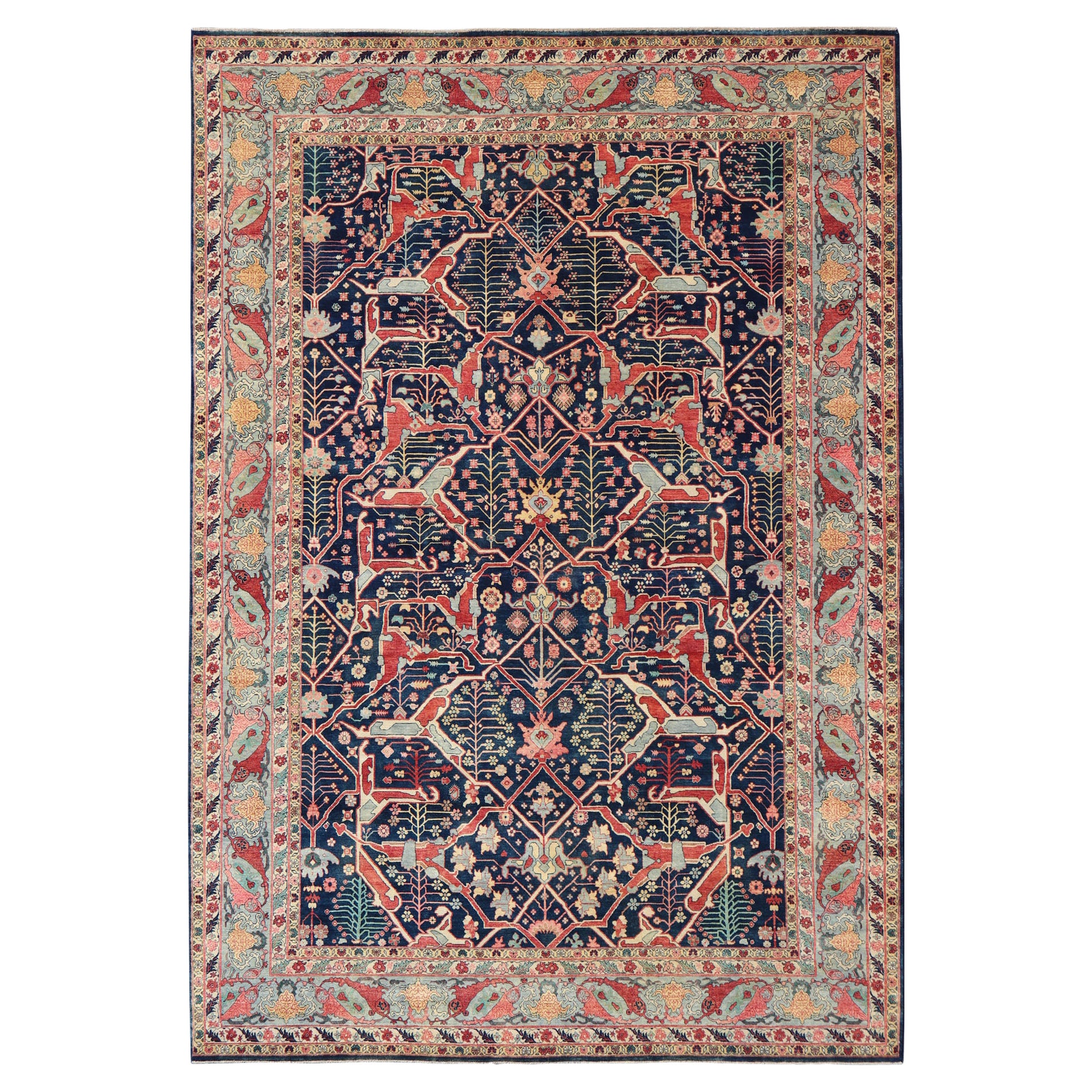 Großer moderner indischer Bidjar-Teppich aus Wolle in Blau-, Rot- und Rosatönen 10'0 x 14'1 im Angebot