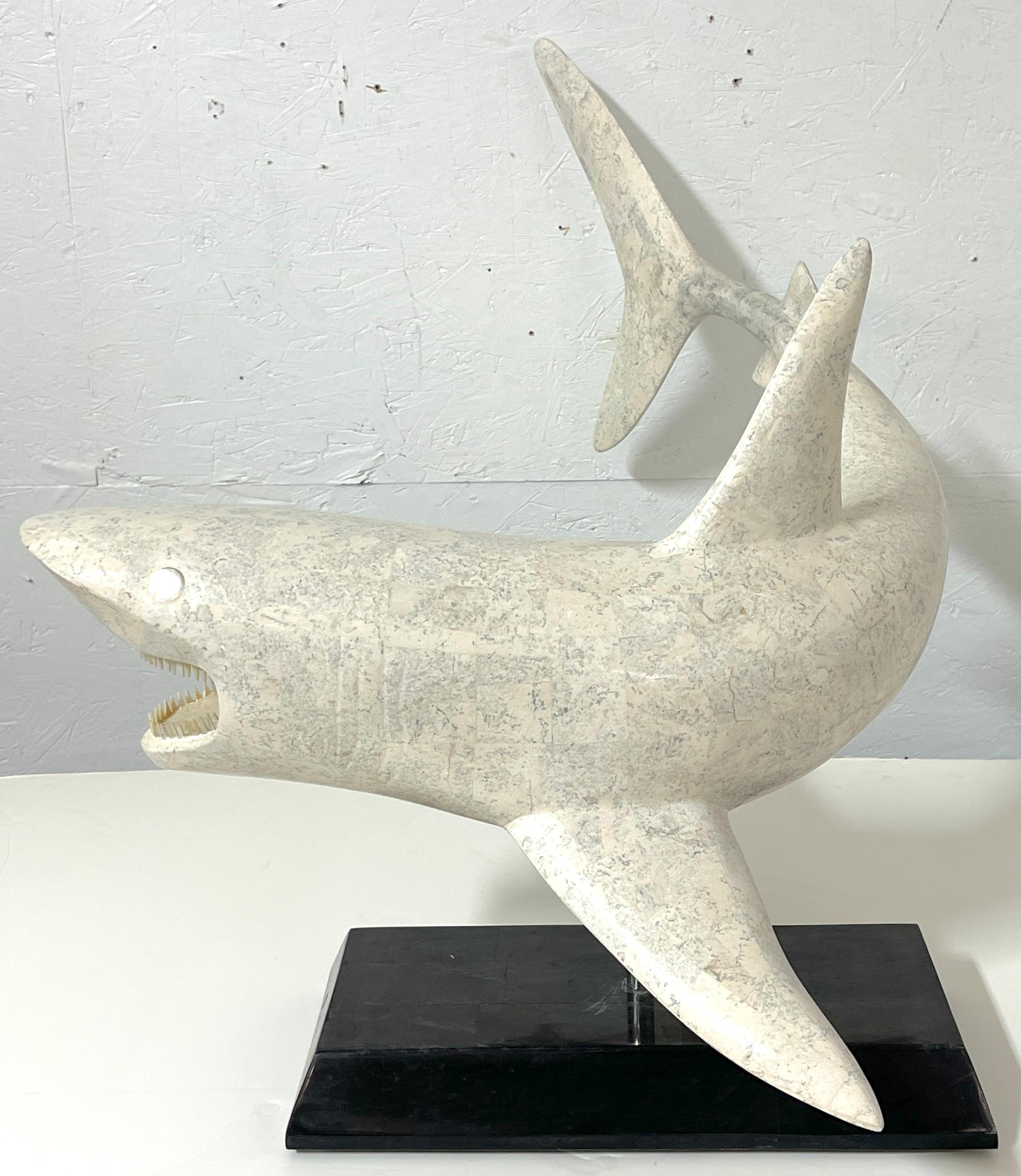 Large Modern Inlaid Tessellated Stone Sculpture of a Great White Shark   For Sale 4