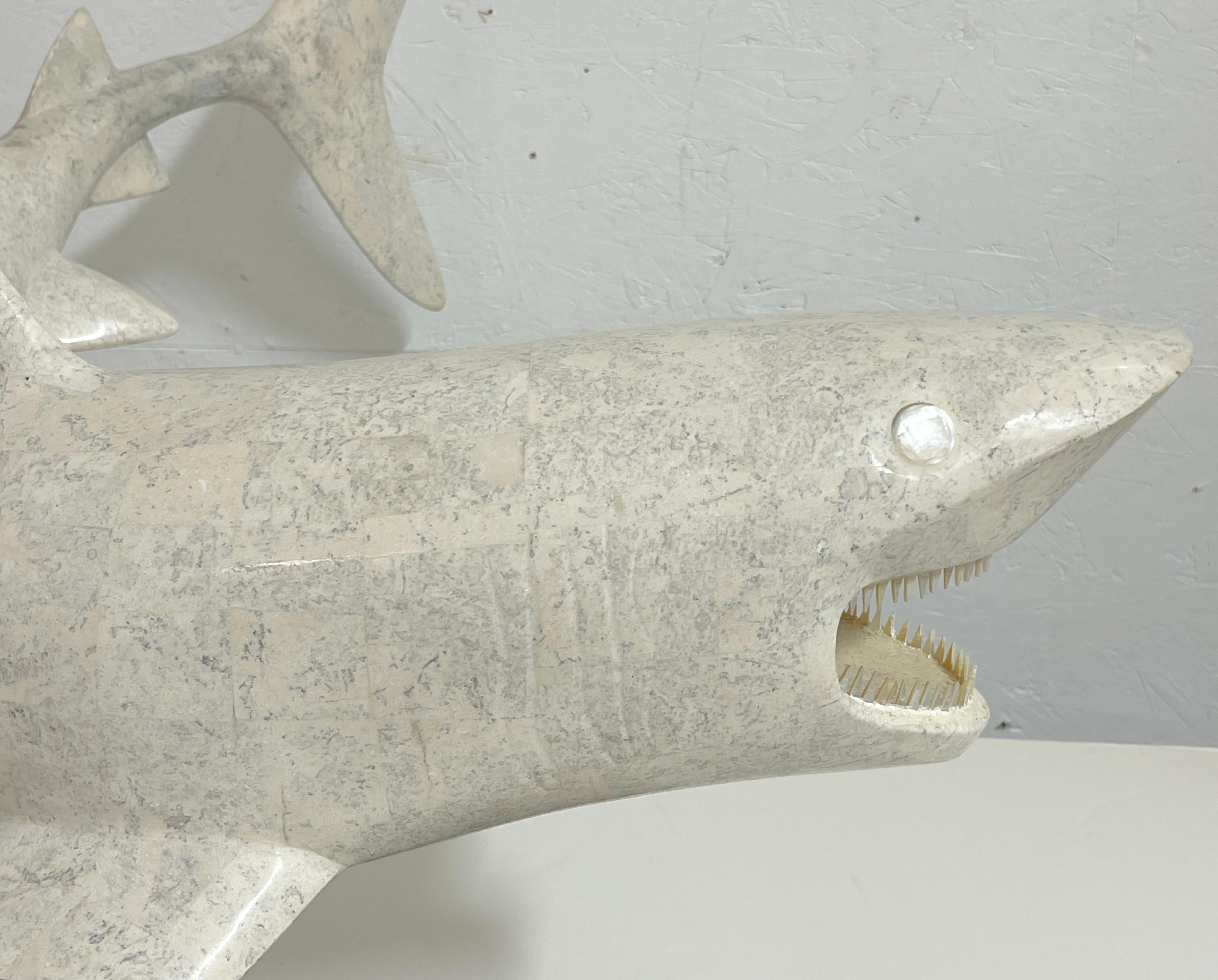 Large Modern Inlaid Tessellated Stone Sculpture of a Great White Shark   For Sale 4