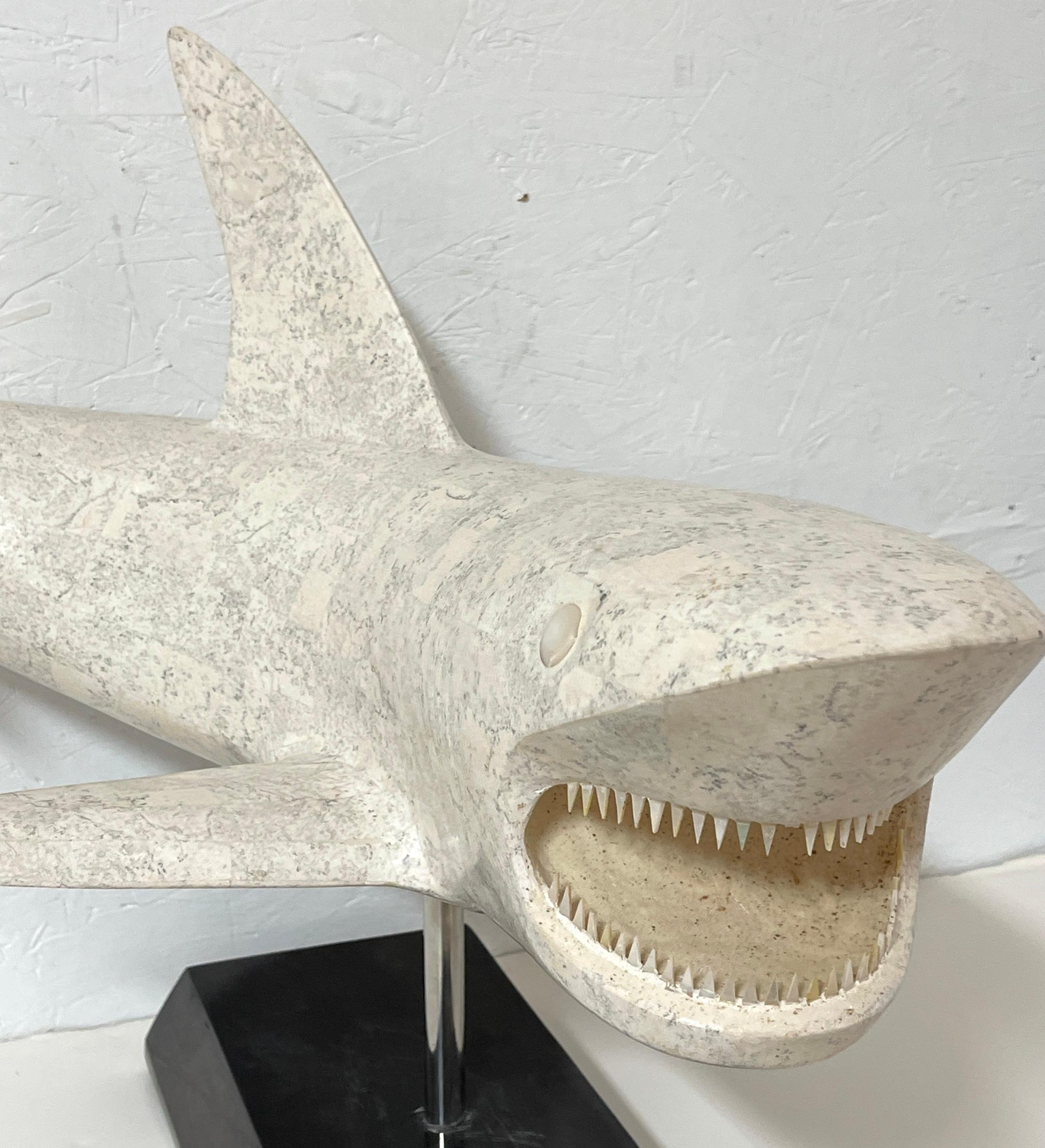 Inlay Large Modern Inlaid Tessellated Stone Sculpture of a Great White Shark   For Sale