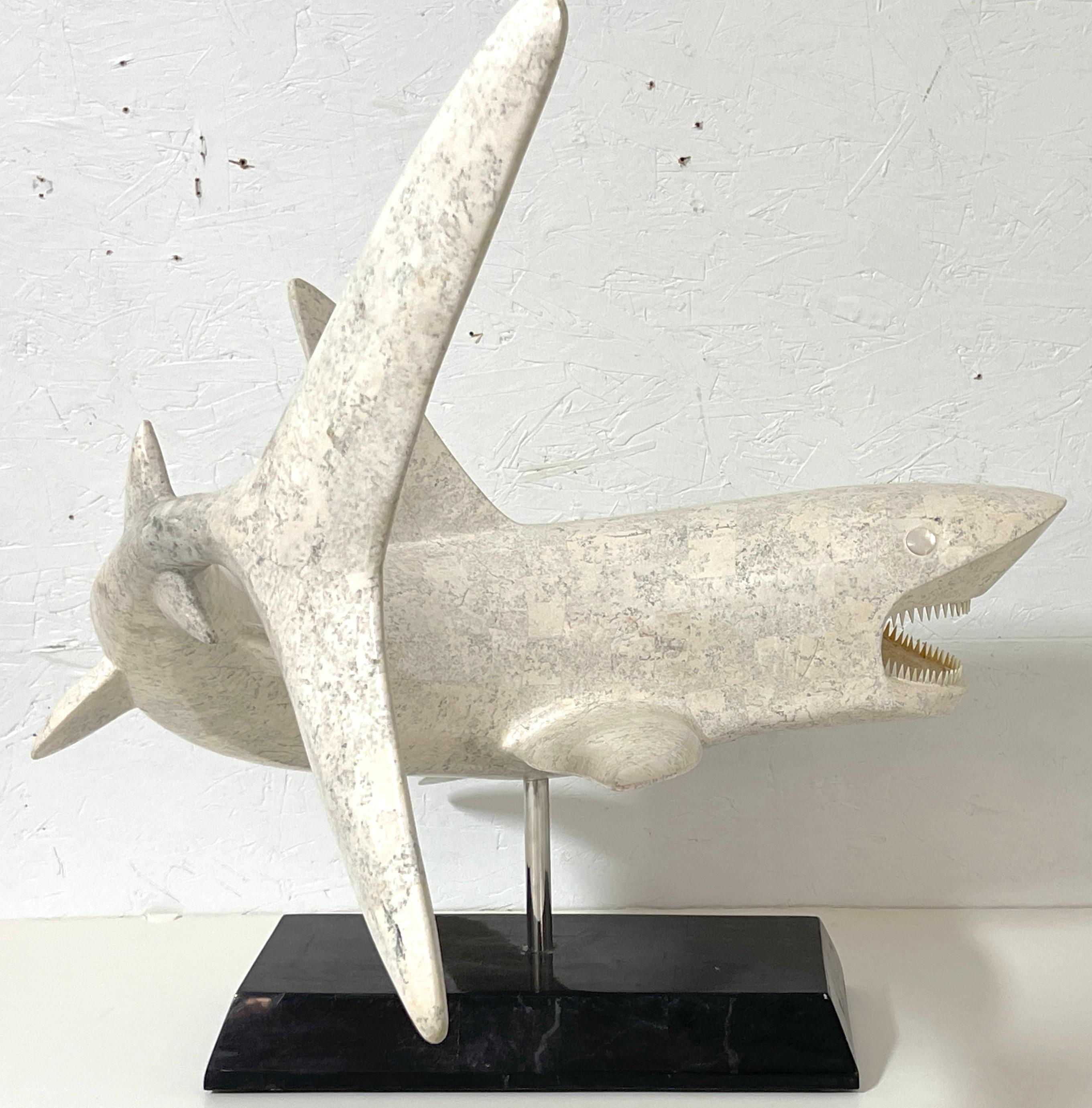 Large Modern Inlaid Tessellated Stone Sculpture of a Great White Shark   In Good Condition For Sale In West Palm Beach, FL