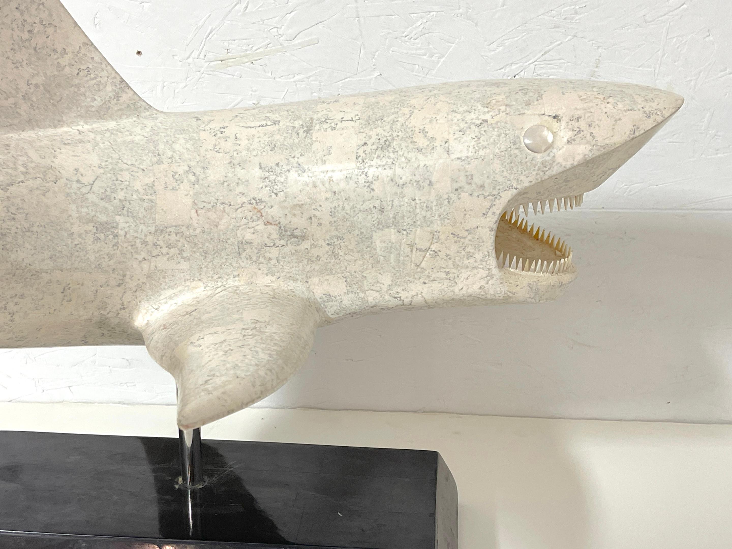 Large Modern Inlaid Tessellated Stone Sculpture of a Great White Shark   In Good Condition For Sale In West Palm Beach, FL