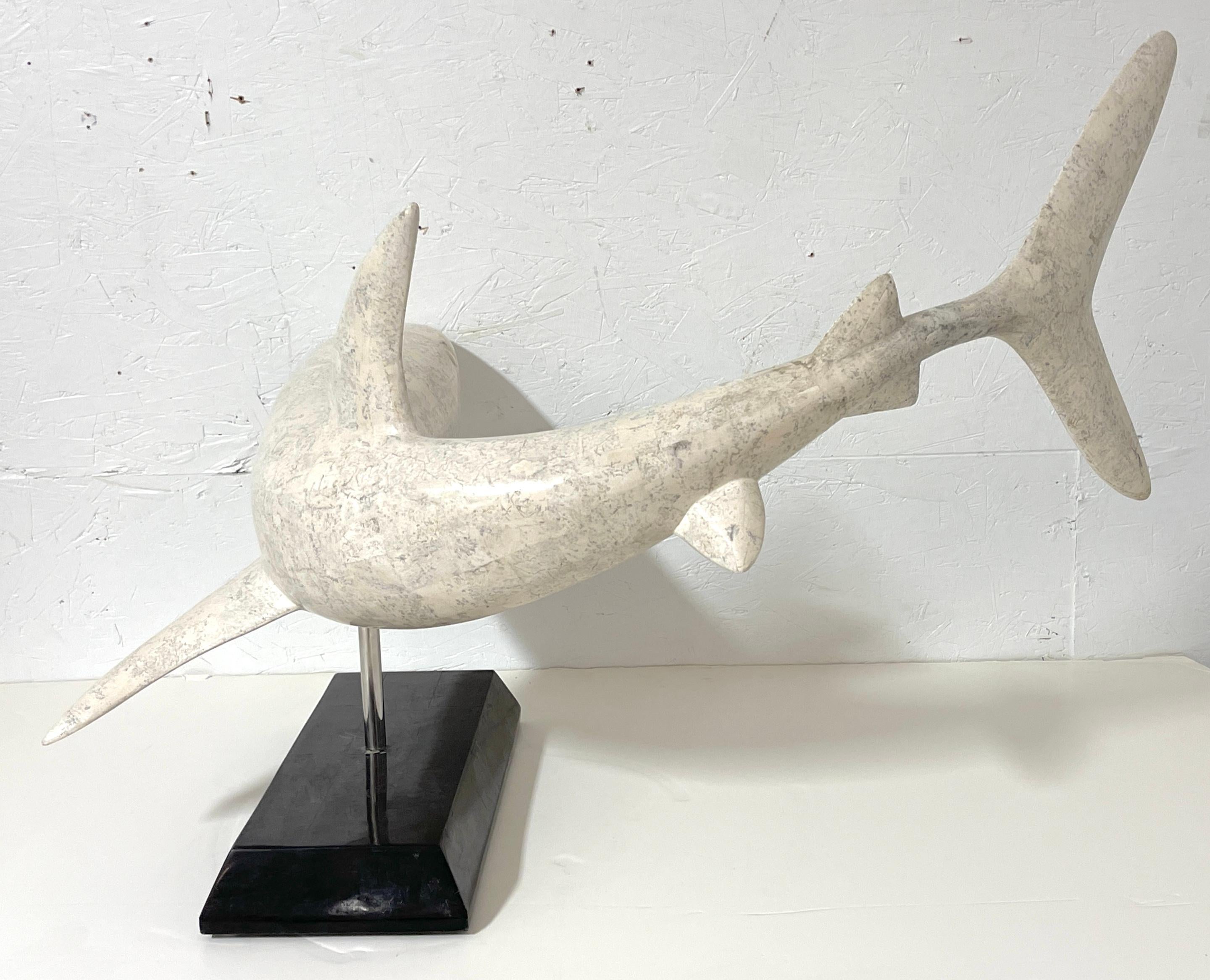 Large Modern Inlaid Tessellated Stone Sculpture of a Great White Shark   For Sale 1