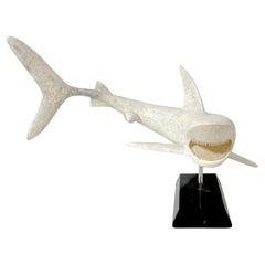 Large Modern Inlaid Tessellated Stone Sculpture of a Great White Shark