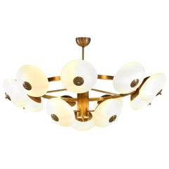 Large Modern Italian Chandelier 12 Opalines Glasses, Stilnovo Style