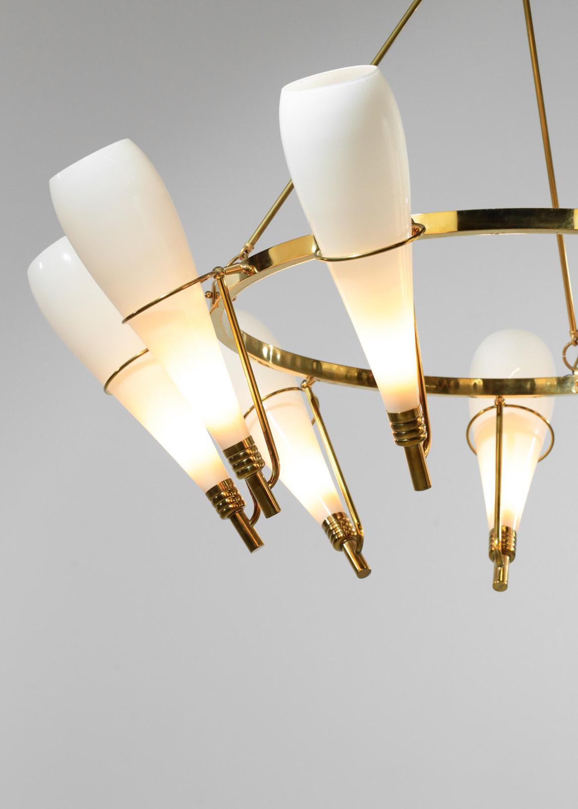 Large Modern Italian Chandelier in Style of Stilnovo Opalin Brass 