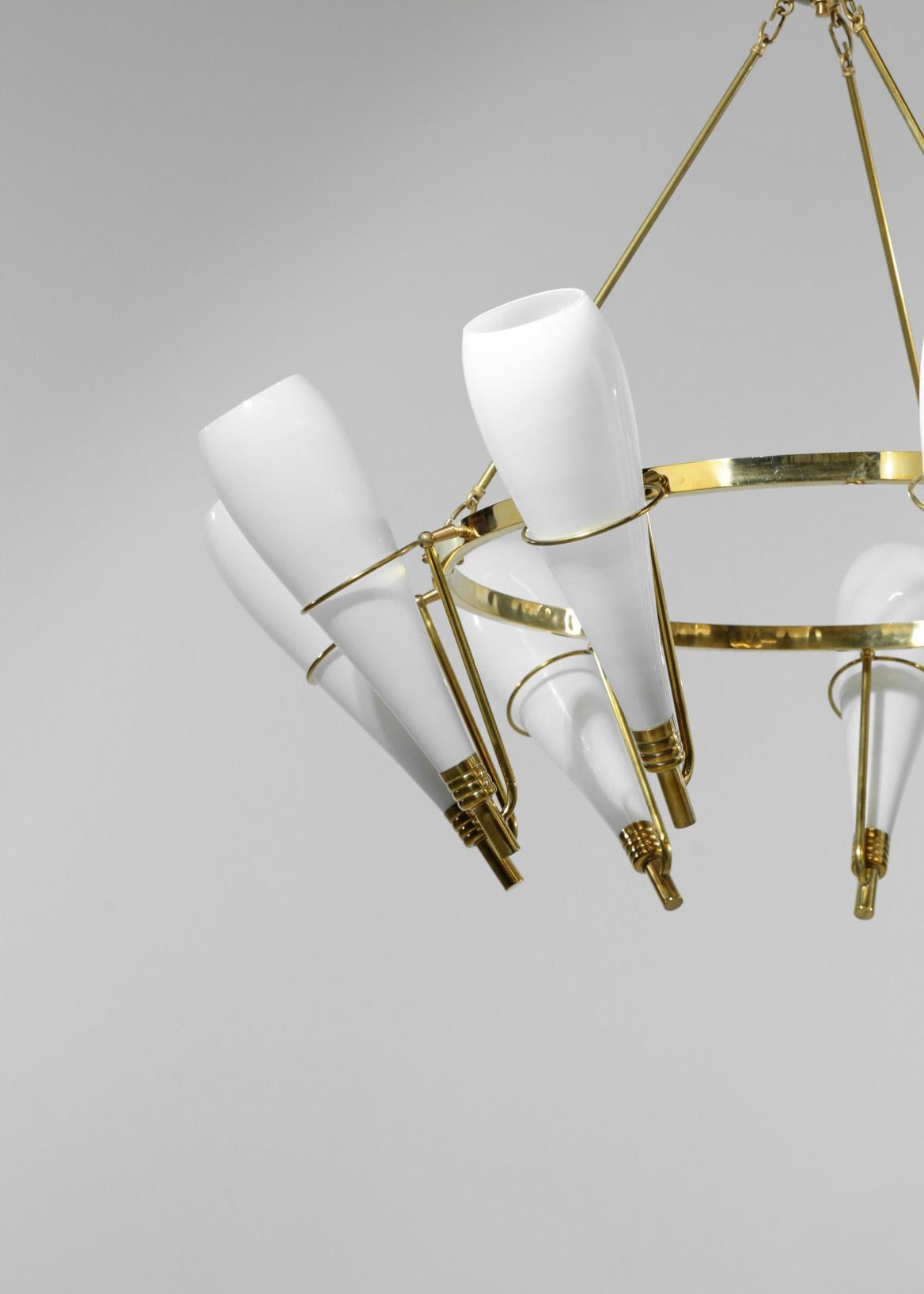 Mid-Century Modern Large Modern Italian Chandelier in Style of Stilnovo Opalin Brass 